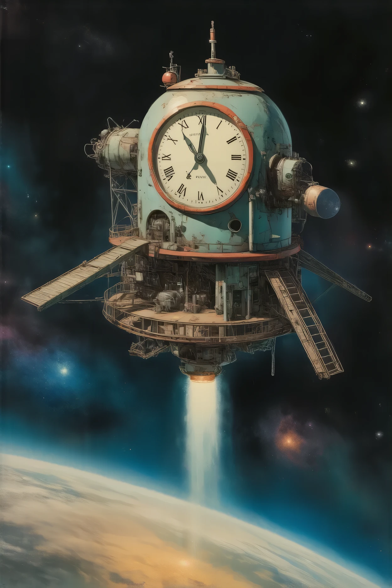 Akira Toriyama style of painting, manga, Japanese anime, A toy space station like the one from Dr. Slump Arare-chan, (tin toy space station:1.3), (Clockwork space station, A handle is attached to wind the mainspring:1.3), (floating in space:1.4), an old and rusty space station, a space station that emits a strange light, a planet that emits a complex light, a nebula that emits a complex light that can be seen in the distance,