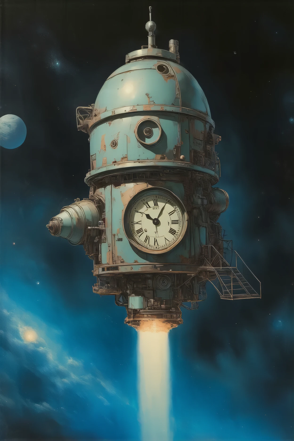 Akira Toriyama style of painting, manga, Japanese anime, A toy space station like the one from Dr. Slump Arare-chan, (tin toy space station:1.3), (Clockwork space station, A handle is attached to wind the mainspring:1.3), (floating in space:1.4), an old and rusty space station, a space station that emits a strange light, a planet that emits a complex light, a nebula that emits a complex light that can be seen in the distance,