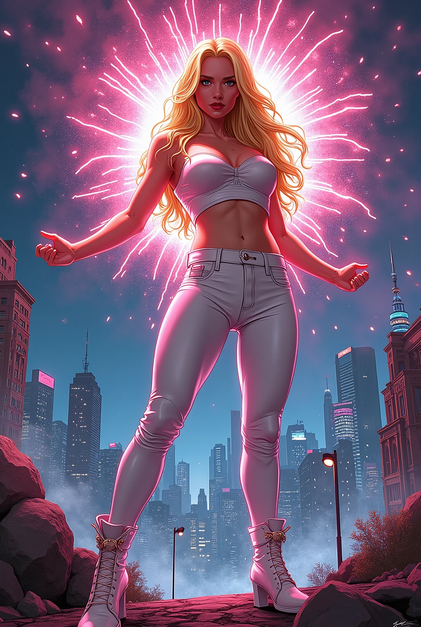 ((Jim Lee's Style)) Draw a full-body portrait of Marvel's Dazzler in a fierce pose against a neon-lit city backdrop, Fireworks explode overhead. Long blond hair, She is exercising her power, So there is a bright light behind her, Lighting up her white punk rock outfit. Be sure to capture the unique sound waves emitted by your hands,And put some vinyl records around you,Reference your music theme power.