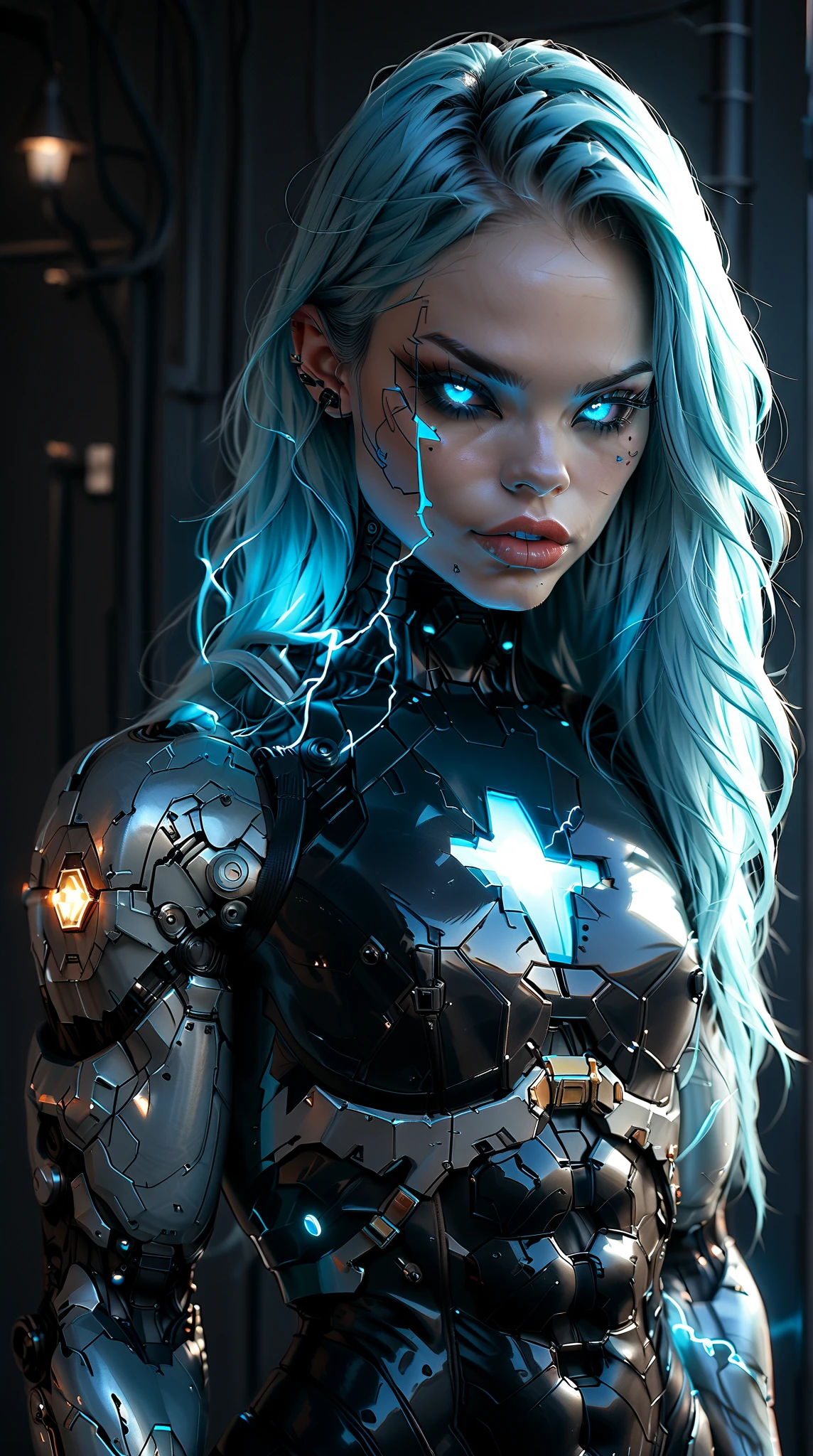 (nsfw:1), (Uncensored:1), score_9, score_8_up, score_7_up, (three quarters Shot), (1 girl), (asian), beautiful teenage (skinny) muscular goth cyborg girl, (full Cybernetic bodysuit:1.5), (black sclera:1.5), (blue glowing eyes:1.5), (blue glowing electric veins:1.25), (flat chest:1.25), (blue glowing hair:1.25), (beautiful face:1.25), (bodybuilder muscular physique:1.5), (strands of electricity emanating from body:1.25), (intricate gold filigree:1.5), bimbo lips, cowboy shot, cybernetic, mechanoid body parts, exposed cables and circuits, neon lights, gothic neon style, cyber punk style, super realistic image, beautiful digital paint ,SilverPulse, hyper Realistic illustrations, CyberRealistic_Negative_PONY