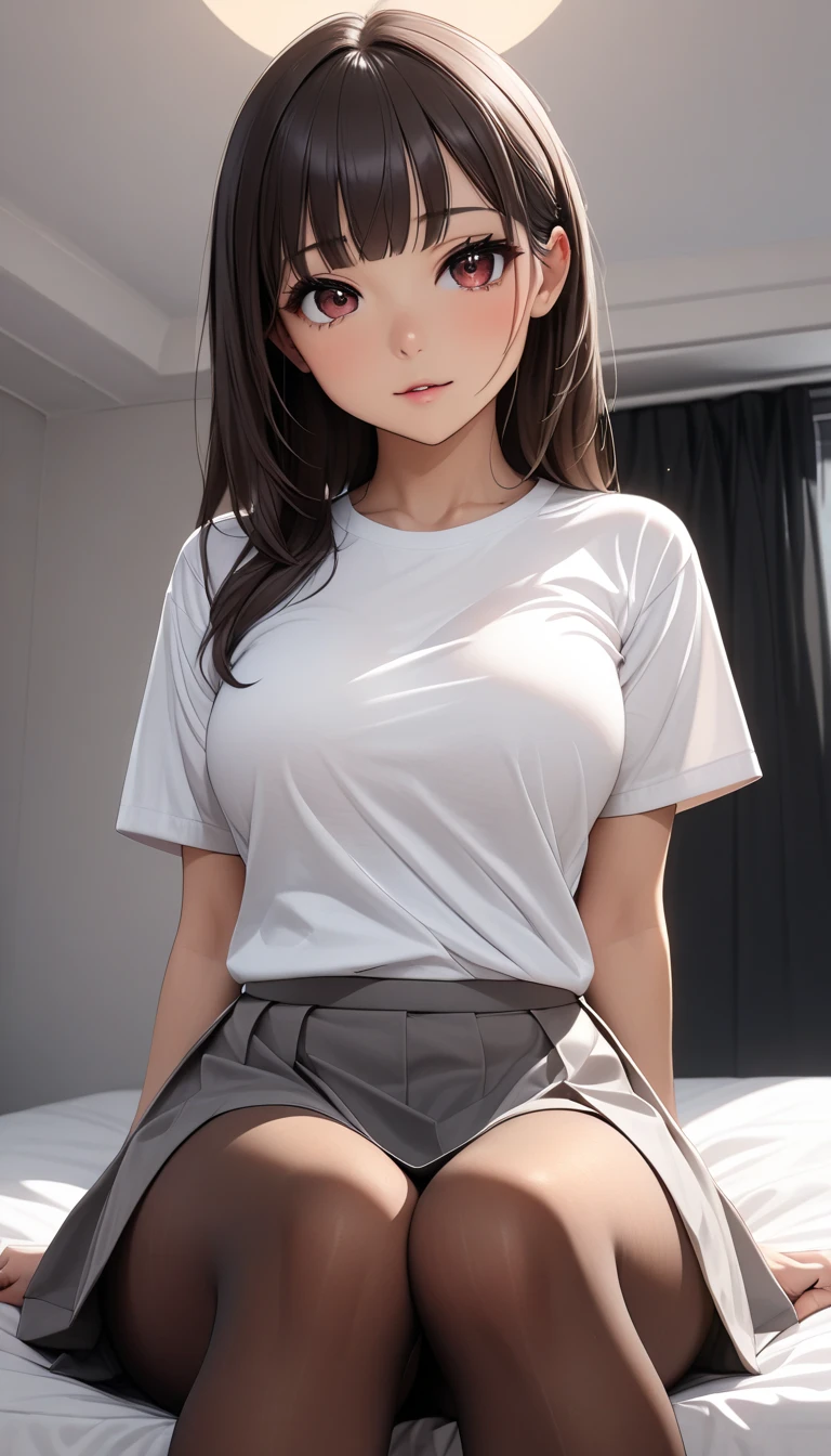  1 Woman ,  beautiful skin ,  fine skin,  glowing eyes, JK, 30 years old, beautiful woman, bangs, dark hair, long hair, brown eyes, cute eyes, medium breast, tight white tee shirt, black pantyhose, pantyhose, grey skirt, bedroom, sitting, legs crossed, sit legs crossed, feet focus, low angle view, (from below), High Quality ,  high definition , masterpiece:1.2