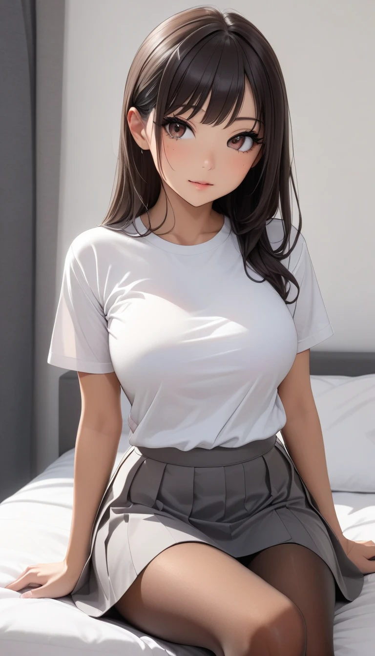  1 Woman ,  beautiful skin ,  fine skin,  glowing eyes, JK, 30 years old, beautiful woman, bangs, dark hair, long hair, brown eyes, cute eyes, medium breast, tight white tee shirt, black pantyhose, pantyhose, grey skirt, bedroom, sitting, legs crossed, sit legs crossed, High Quality ,  high definition , masterpiece:1.2