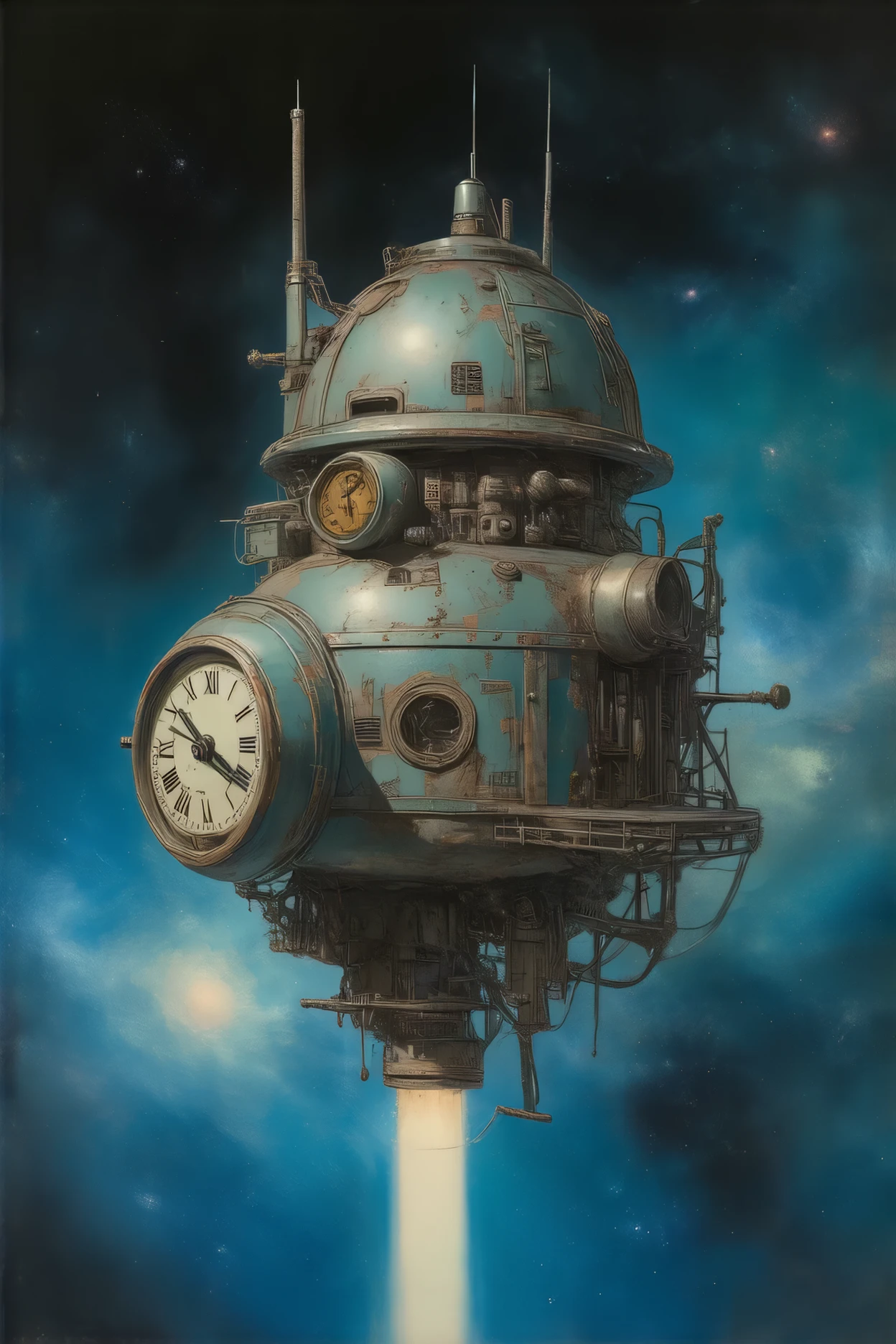 Akira Toriyama style of painting, manga, Japanese anime, A toy space station like the one from Dr. Slump Arare-chan, (tin toy space station:1.3), (Clockwork space station, A handle is attached to wind the mainspring:1.3), (floating in space:1.4), an old and rusty space station, a space station that emits a strange light, a planet that emits a complex light, a nebula that emits a complex light that can be seen in the distance,