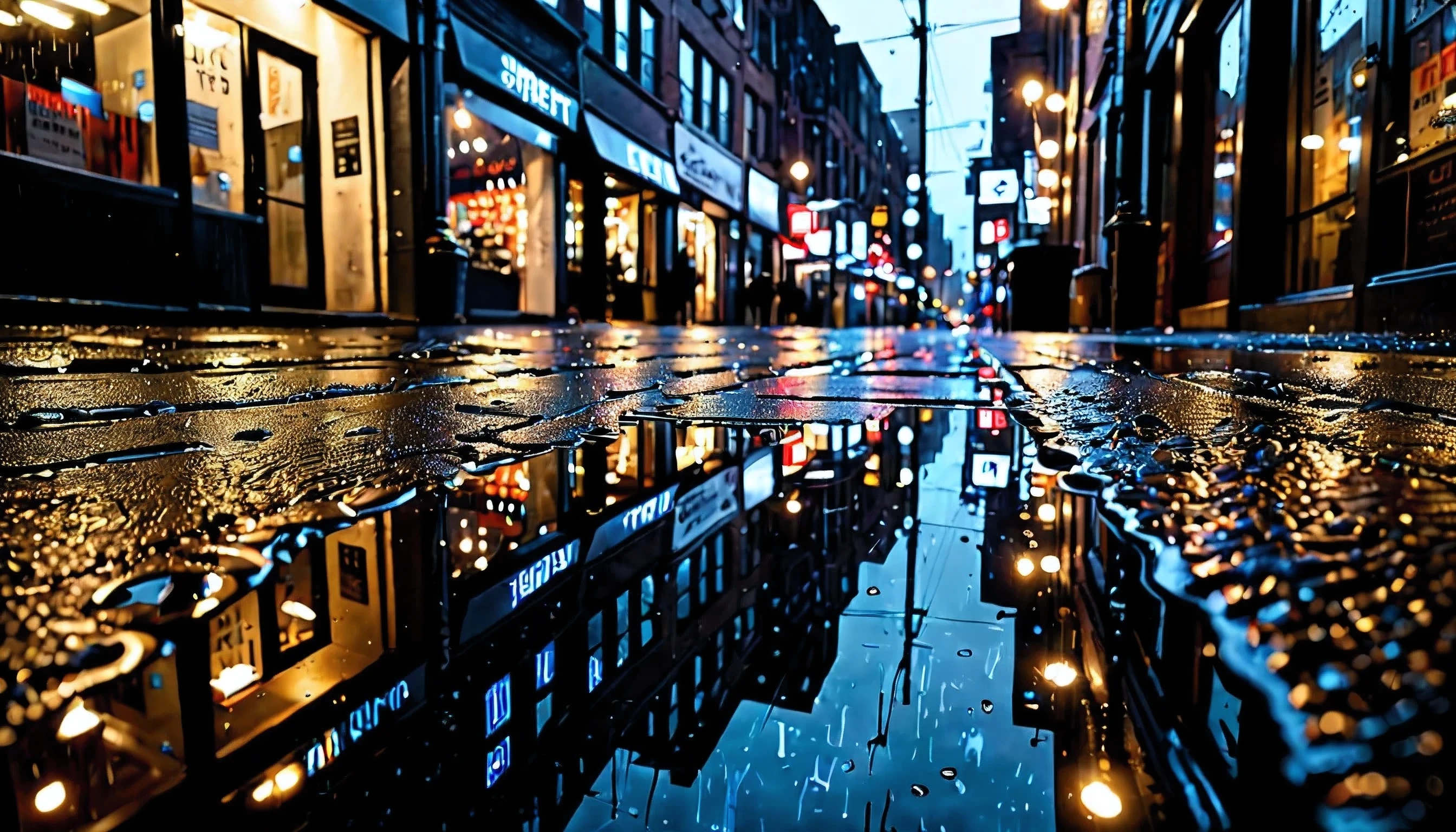 A highly detailed and vibrant image of a wet, city street at night, . The scene features reflective puddles on the ground. Add a gentle rain falling in the picture, with visible droplets illuminated by the lights. The alleyway is narrow, lined with modern storefronts, wires, and streetlights, creating a lively yet moody atmosphere. The composition emphasizes the dynamic reflections and the immersive urban environment.
