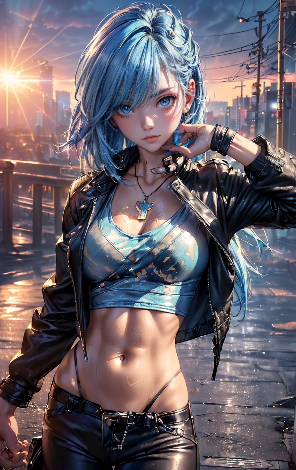 (photorealistic:1.8, highest quality:1.8,8K masterpiece:1.8,High resolution,muste piece:1.8,RAW Photos,cinematic lighting),No split screen, cyber punk、Highway at night、rain-soaked ground、
(1 android girl:1.3)、Completely naked、Full body tattoo、choker、beautiful breasts、T-shirt、denim mini skirt、beautiful butt、beautiful thighs,plump nipples、Nipples are visible through the costume,cameltoe,Body painting with a pop design drawn all over the body、pop art design、cutting edge fashion、conceptual art、
Provocative sexy poses、look back、spread your legs、Lift your leg high and kick、
(Beautifully shining vermilion, blue, white, gold, and peach hair:1.5)、shining blue eyes、Shy Smile