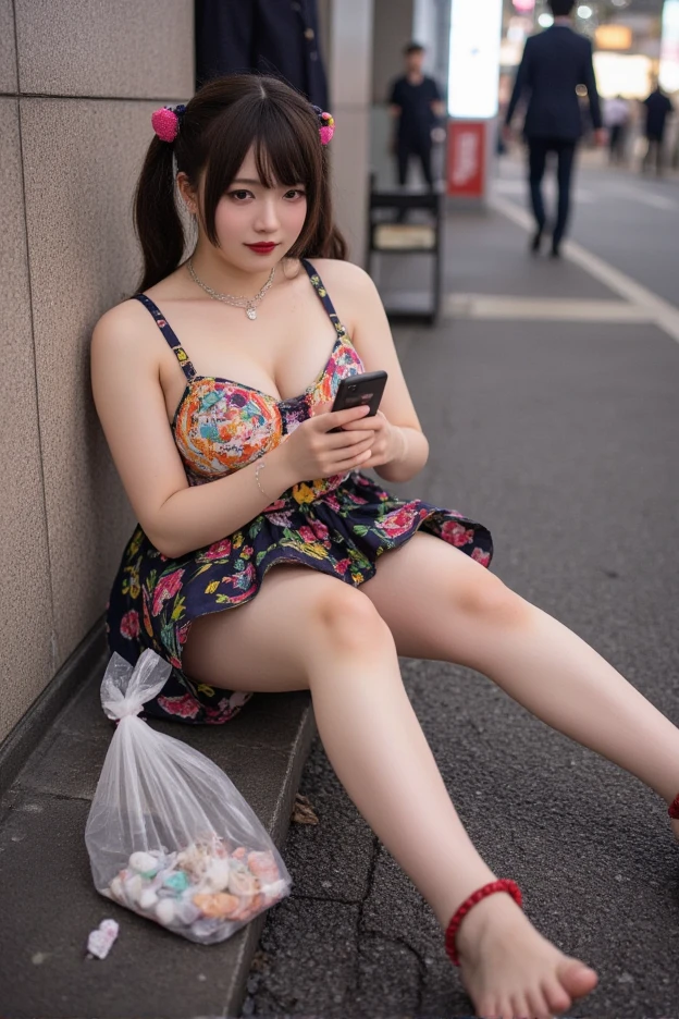 NSFW,
photography, film, depth of field, realistic skin texture, realistic photo, taken with smartphone, documentary,
pigtails, bangs,
(one girl, junior idol, teenage girl, Japanese girl, runaway girl),
messy hair, cute face, looking at camera, full body,
she is wearing necklace, (stained camisole, stained super mini skirt), friendship bracelet, anklet, but no panties, no underwear,
she is wearing colorful camisole top with thin shoulder straps,
she is wearing colorful super mini pleated skirt,
her pussy is visible from the hem of the super mini pleated skirt,
her body is plump with not much of a waistline, big ass and thick thighs, giving an overall underdeveloped impression,
She has super big breasts as big as her head,
(Gigantic Bust: 1.6),
She is fat with big breasts,
She has thick legs,
She is still in her early teens but ran away from home and is making a living by prostituting herself,
She is sitting on the edge of the sidewalk with her legs stretched out,
She is playing with her smartphone,
She spreads her legs and shows her pussy to get the man's attention,
She looks up at me with the camera pointed at her,
She looks at the camera and smiles sadly as if to fawn,
She hasn't washed her body so her whole body is filthy, her clothes, skin and hair are dirty,
There is a plastic bag full of junk next to her,
This is a corner of Shinjuku's downtown, (night, downtown at night), town, city, downtown,
Various types of garbage are scattered on the street, condoms, (used condoms),