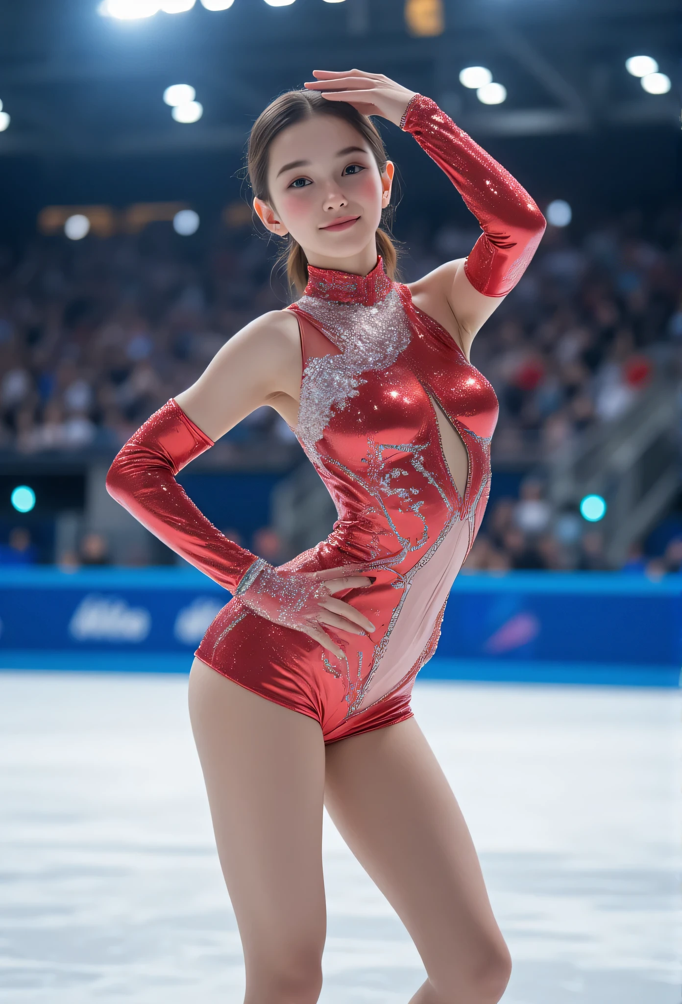 (super cute face:1.1),(sparkling clear attractive large glowing eyes:1.1), very beautiful cute girl,(:1.2),fair skin,(happy cheerful smile),professional photograph ,very cute figure skating uniform,skating pose,(super shiny metallic red transparent holographic costume:1.2),
skating arena stadium,beautiful knees