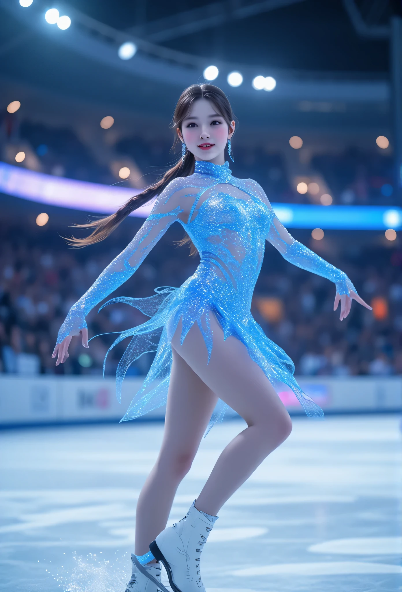 (super cute face:1.1),(sparkling clear attractive large glowing eyes:1.1), very beautiful cute girl,(:1.2),fair skin,(happy cheerful smile),professional photograph ,very cute figure skating uniform,skating pose,(super shiny metallic blue transparent holographic costume:1.2),
skating arena stadium,beautiful knees