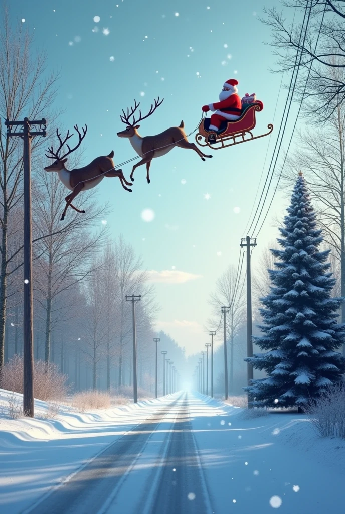  Winter without Snow ,  Trees Naked without leaves , Cool,  The road on which there are poles ,  Santa Claus is flying in a sleigh with deer and Rashes Snow from a gift bag, ren are happy ,  New Year's mood with Good Fireworks ,  There is a Christmas tree Beautifully decorated , 8 k,  masterpiece fails,