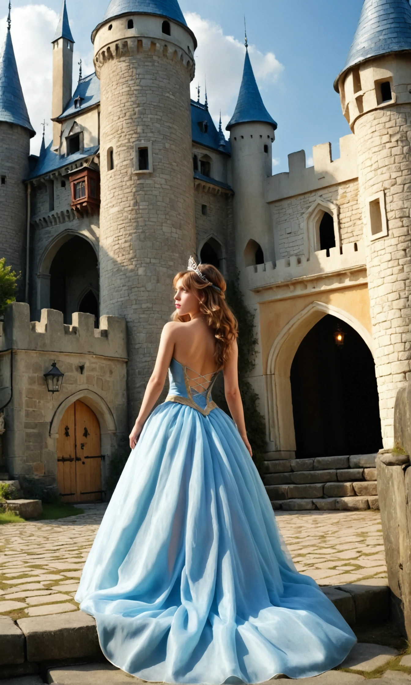 a cute woman, damsel in distress (sheer princess gown, amazing butt, age 22, finr body jewelry) is fleeing from the guards, she does not wish to marry, fantasy castle and grounds
