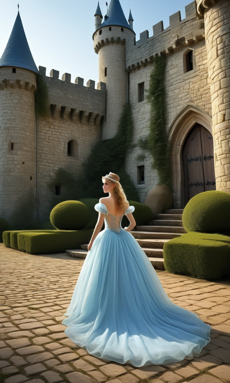 a cute woman, damsel in distress (sheer princess gown, amazing butt, age 22, finr body jewelry) is fleeing from the guards, she does not wish to marry, fantasy castle and grounds
