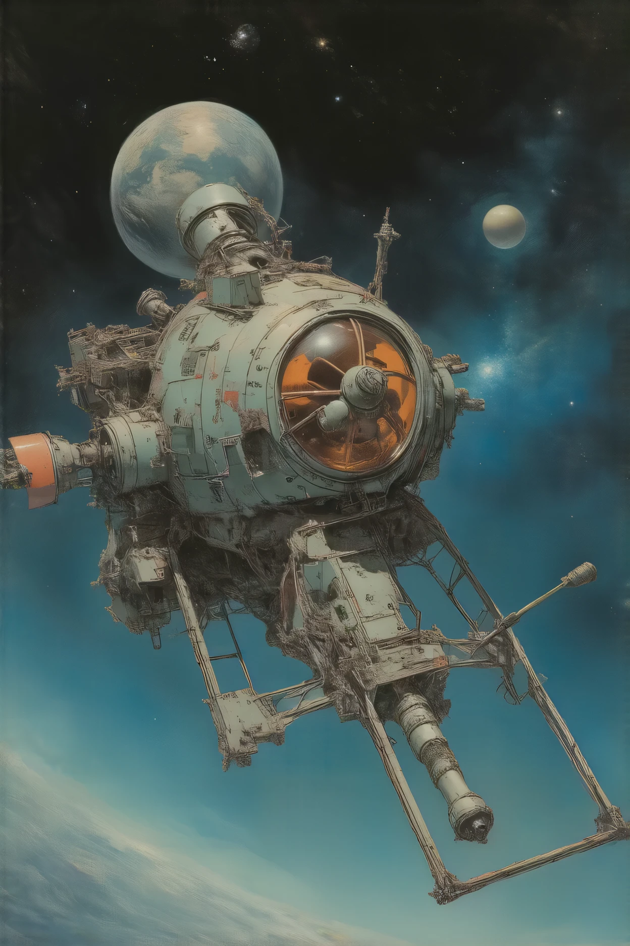 Akira Toriyama style of painting, manga, Japanese anime, A toy space station like the one from Dr. Slump Arare-chan, (tin toy space station:1.3), (A handle is attached to wind the mainspring:1.3), (floating in space:1.4), an old and rusty space station, a space station that emits a strange light, a planet that emits a complex light, a nebula that emits a complex light that can be seen in the distance,