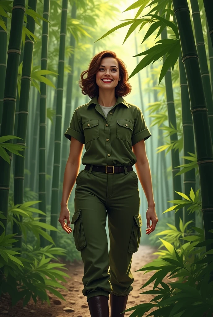Paggy carter she wear soldiers clothes looking in bamboo wood forest she happily zoom in camera