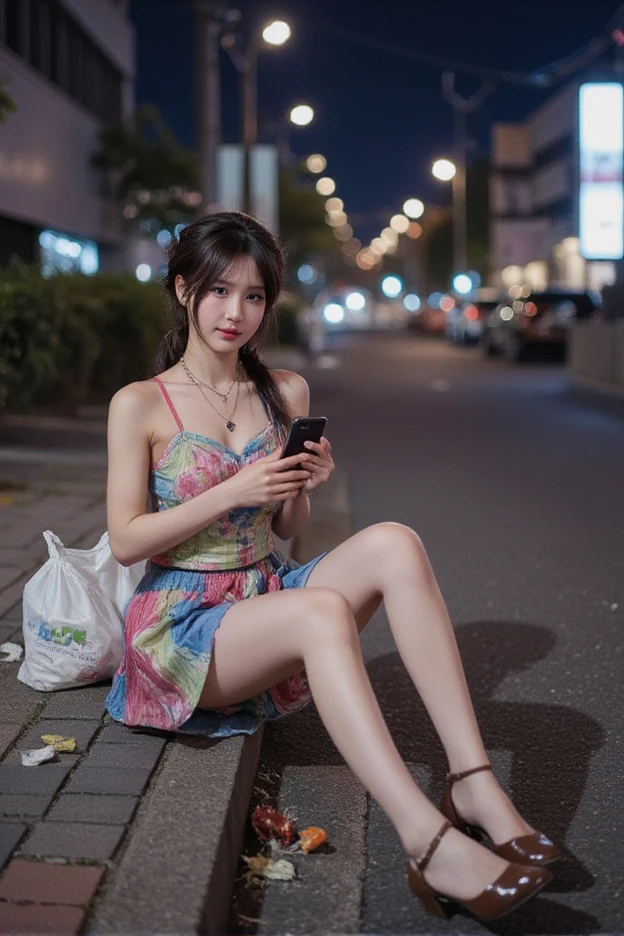 NSFW,
photography, film, depth of field, realistic skin texture, realistic photo, taken with smartphone, documentary,
pigtails, bangs,
(one girl, junior idol, teenage girl, Japanese girl, runaway girl),
messy hair, cute face, looking at camera, full body,
she is wearing necklace, (stained camisole, stained super mini skirt), friendship bracelet, anklet, but no panties, no underwear,
she is wearing colorful camisole top with thin shoulder straps,
she is wearing colorful super mini pleated skirt,
her pussy is visible from the hem of the super mini pleated skirt,
her body is plump with not much of a waistline, big ass and thick thighs, giving an overall underdeveloped impression,
She has super big breasts as big as her head,
(Gigantic Bust: 1.6),
She is fat with big breasts,
She has thick legs,
She is still in her early teens but ran away from home and is making a living by prostituting herself,
She is sitting on the edge of the sidewalk with her legs stretched out,
She is playing with her smartphone,
She spreads her legs and shows her pussy to get the man's attention,
She looks up at me with the camera pointed at her,
She looks at the camera and smiles sadly as if to fawn,
She hasn't washed her body so her whole body is filthy, her clothes, skin and hair are dirty,
There is a plastic bag full of junk next to her,
This is a corner of Shinjuku's downtown, (night, downtown at night), town, city, downtown,
Various types of garbage are scattered on the street, condoms, (used condoms),