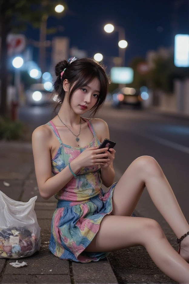 NSFW,
photography, film, depth of field, realistic skin texture, realistic photo, taken with smartphone, documentary,
pigtails, bangs,
(one girl, junior idol, teenage girl, Japanese girl, runaway girl),
messy hair, cute face, looking at camera, full body,
she is wearing necklace, (stained camisole, stained super mini skirt), friendship bracelet, anklet, but no panties, no underwear,
she is wearing colorful camisole top with thin shoulder straps,
she is wearing colorful super mini pleated skirt,
her pussy is visible from the hem of the super mini pleated skirt,
her body is plump with not much of a waistline, big ass and thick thighs, giving an overall underdeveloped impression,
She has super big breasts as big as her head,
(Gigantic Bust: 1.6),
She is fat with big breasts,
She has thick legs,
She is still in her early teens but ran away from home and is making a living by prostituting herself,
She is sitting on the edge of the sidewalk with her legs stretched out,
She is playing with her smartphone,
She spreads her legs and shows her pussy to get the man's attention,
She looks up at me with the camera pointed at her,
She looks at the camera and smiles sadly as if to fawn,
She hasn't washed her body so her whole body is filthy, her clothes, skin and hair are dirty,
There is a plastic bag full of junk next to her,
This is a corner of Shinjuku's downtown, (night, downtown at night), town, city, downtown,
Various types of garbage are scattered on the street, condoms, (used condoms),