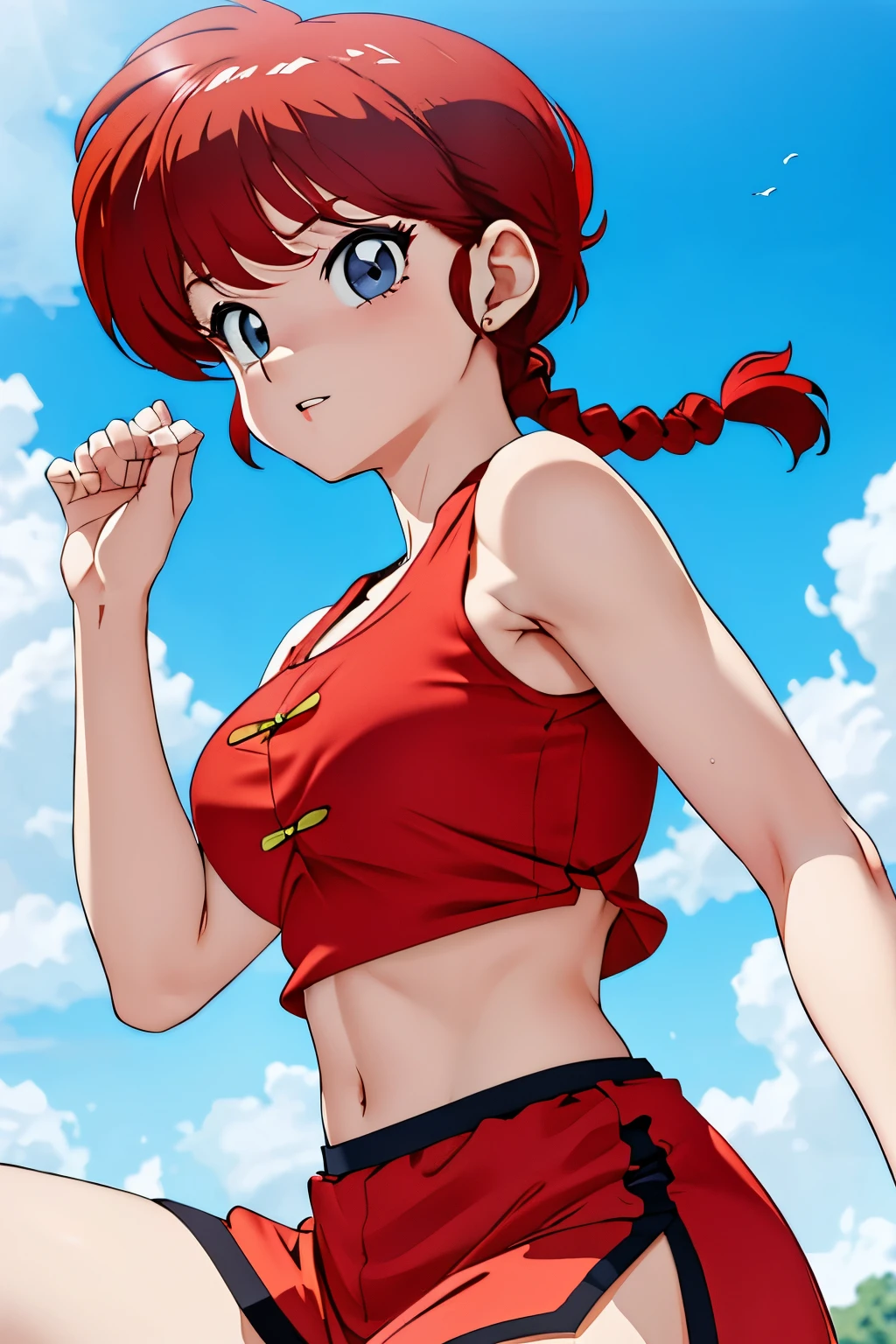 (8k, RAW photo, best quality, masterpiece:1.2), extra fit RanmaChan, RanmaRedShirt, red miniskirt, jumping in the sky, blue sky and clouds