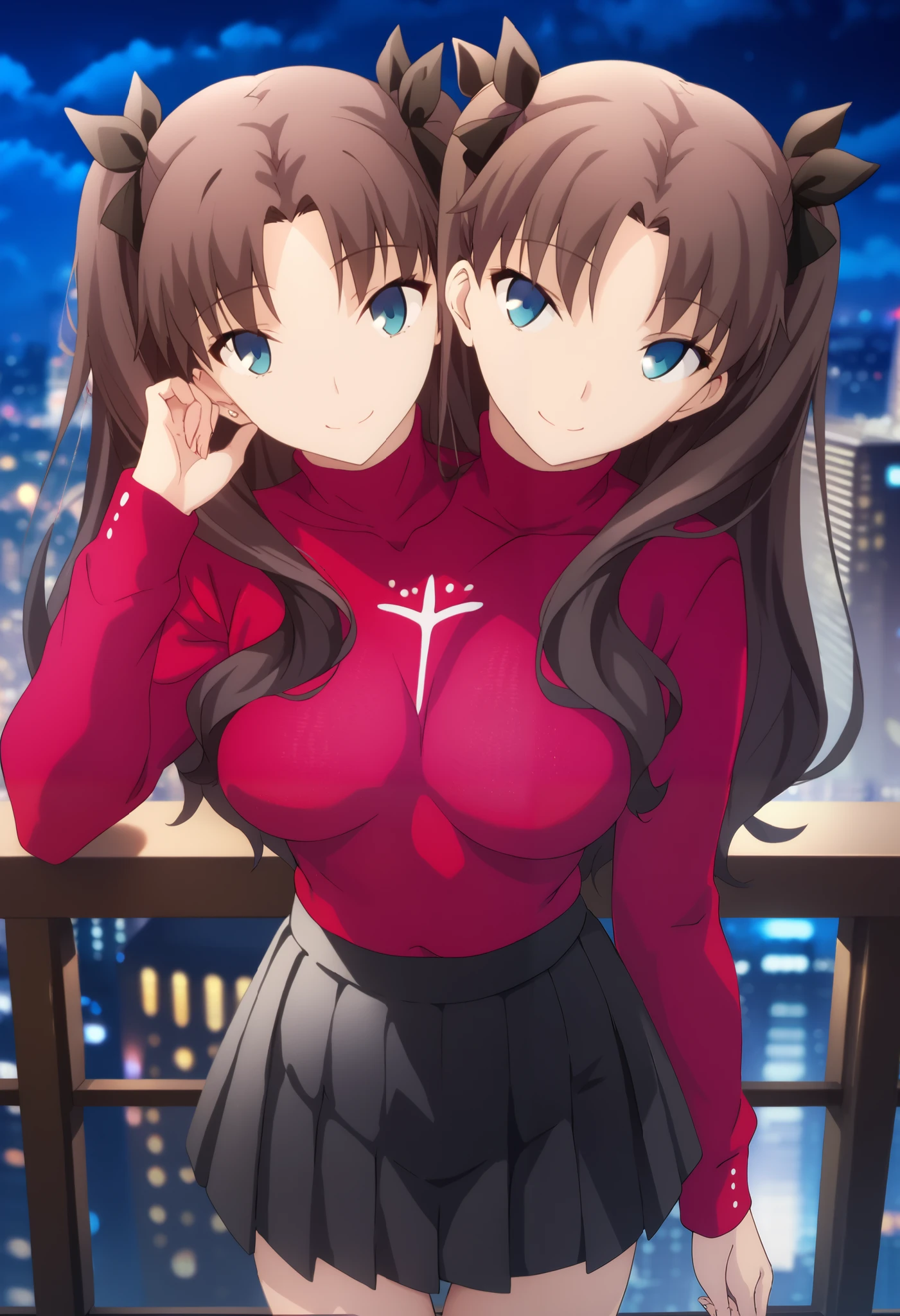 two heads, 1girl, TohsakaRin, closed mouth, light smile, brown hair, two side up, parted bangs, blue eyes, hair ribbon, RinSweater, red sweater, black skirt, long sleeves, pleated skirt, looking at viewer, thigh gap, night, cityscape