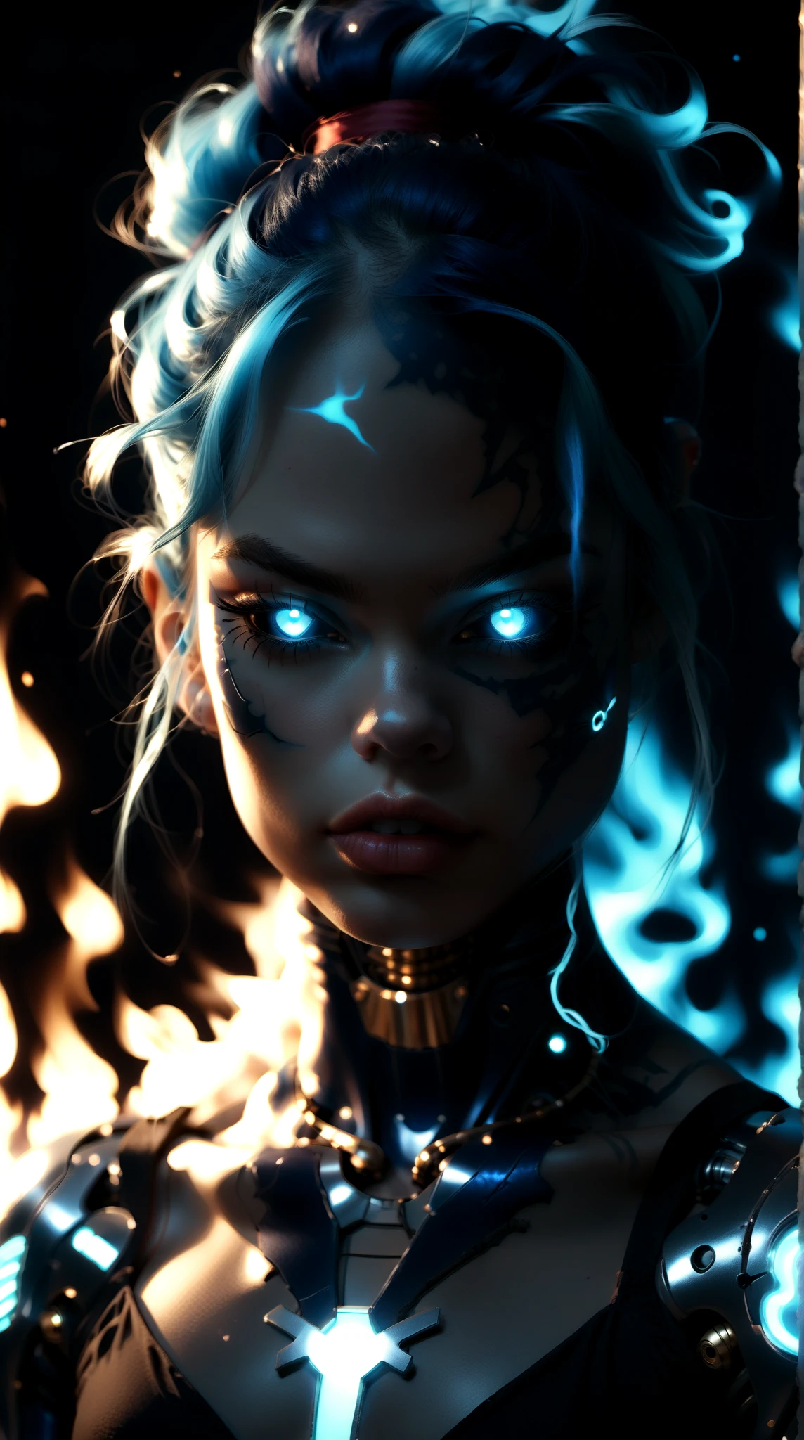 score_9, score_8_up, score_7_up, (Three quarters Shot), (1 girl), (asian), beautiful teenage (skinny) muscular goth cyborg girl, (blue burning cyborg body:1.5), (black sclera:1.5), (blue glowing eyes:1.5), (blue glowing fire veins:1.5), (flat chest:1.25), (blue glowing fire hair:1.25), (beautiful face:1.25), (bodybuilder muscular physique:1.25), (skinny long legs:0.75), (intricate gold filigree:1.25), bimbo lips, blue fire, (blue burning cyborg arms:1.25), (blue burning cyborg legs:1.25), (blue burning cyborg torso:1.25), cyber punk style, super realistic image, beautiful digital paint , hyper Realistic illustrations, DonMC3l3st14l3xpl0r3rsXL, CyberRealistic_Negative_PONY-neg,CyberRealistic_Negative_PONY