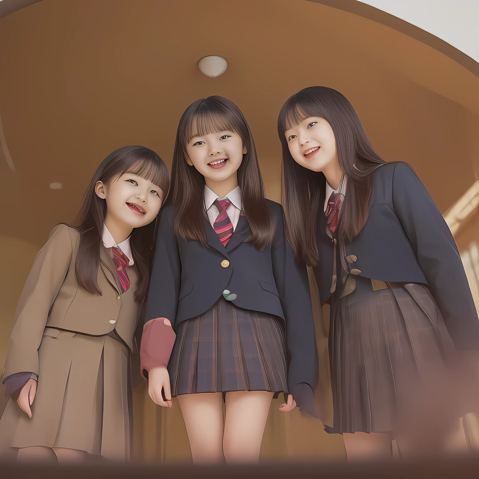 (Highest quality, masterpiece:1.2), Highest quality, High resolution, 1080P, 8k, clearly detailed, (Noble super-pretty shining-long-hair super-beautiful super-bewitching super-cute expensive school-uniform pretty slender 14yo-fashion-model of most-beautiful-school-uniform-girl-models photo-magazine in Japan, too beautiful aristocratic daughter laughing at the viewer, in supreme bliss, accepts the viewer's every desire: 2.0), (The viewer is lying and looking up her, She is looking down the viewer from the direct-above, she is pressing the viewer with her legs: 1.5), (long bottom eye-slashes, long top eye-slashes), (very bewitching beautiful full-open lips: 1.4), (neat gorgeous school uniform of private high school in Japan. navy-school-blazer with gold-emblem, super-neat navy-blue-lined-tartan-checkered light-blue-pleats-school-skirt, super-girly plain-red ribbon on the breast: 1.5), (bewitching expression, smile, lips, and pose to corrupt the viewer, everything is planned and prepared to corrupt the viewer into the allusion of love towards the girl: 1.2), (clearly detailed foreground focusing on girl's beauty and cuteness, gorgeous blue girly bed background of full-of-girls girly-heaven: 1.2), (extending her arms to the viewer like requesting hugging, calling out the name of the viewer loudly), (navy checkered school skirt), (full body shot), (several golden heart cute accessories), (Three girls are bending down and looking down from both side, take a shot closing up from (((below their faces))): 1.5)