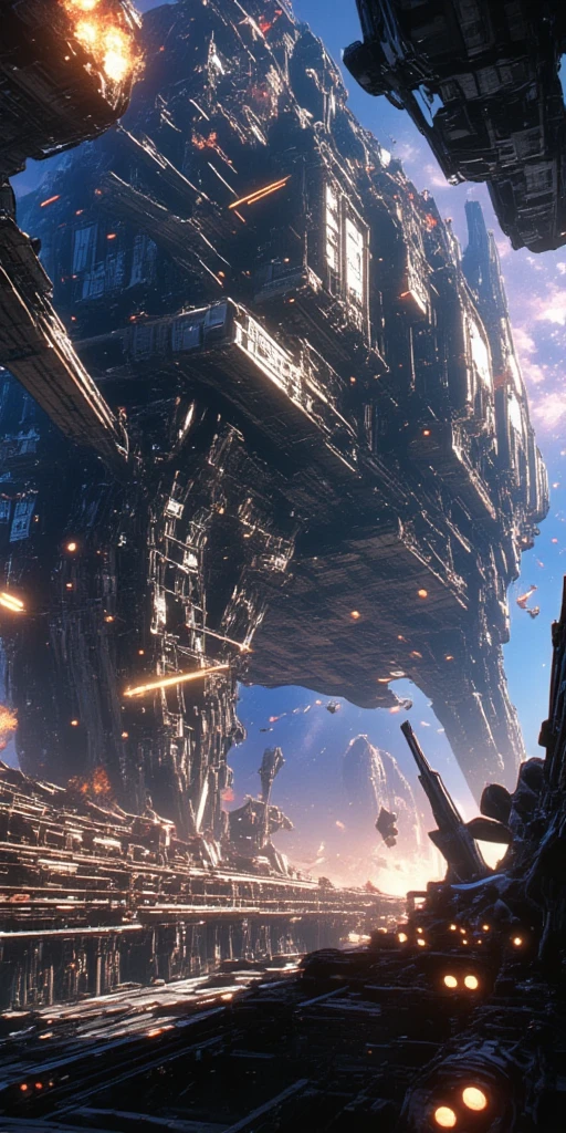 Huge structure\(space base,space station.3d,realistic,huge, gigantic, very detailed.great focus of station, beautiful bokeh, mechanical parts, cable, wires, machinery,dynamic angle,drifting galaxy,glowing, complex, labyrinth-like structure\),many space ships. masterpiece, best quality, perfect anatomy , very aesthetic , absurdres. at outer space,dynamic angle,Perspective distortion,telephoto, asymmetry,geographic