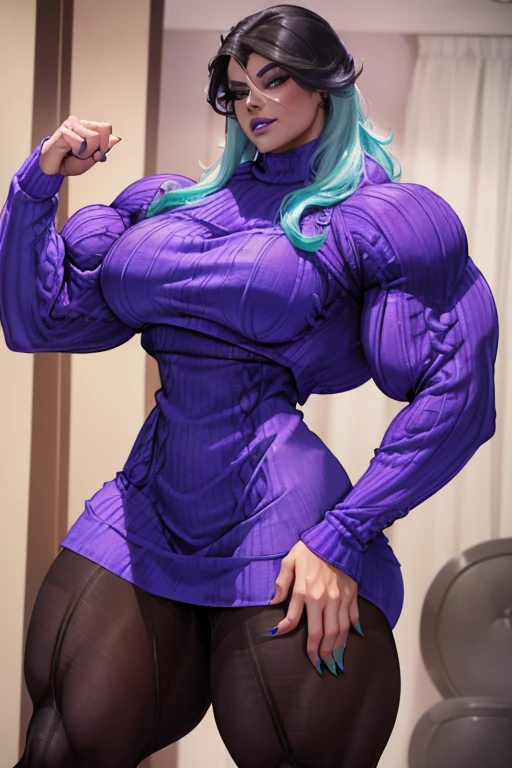 (Massive, beautiful, buff, pale white skinned muscular woman with cyan hair, purple eyes, black lipstick, ginormous bulky muscles), (((cyan three-piece suit))), necktie, blazer, (((cyan suit jacket))), (((waistcoat))), double-breasted waistcoat, pencil skirt, pencil skirt, tie clip, pocket square, pocket watch, pantyhose, high heels, (close view), (massive muscles), hyper muscles, long beachy hair, in an apartment,
