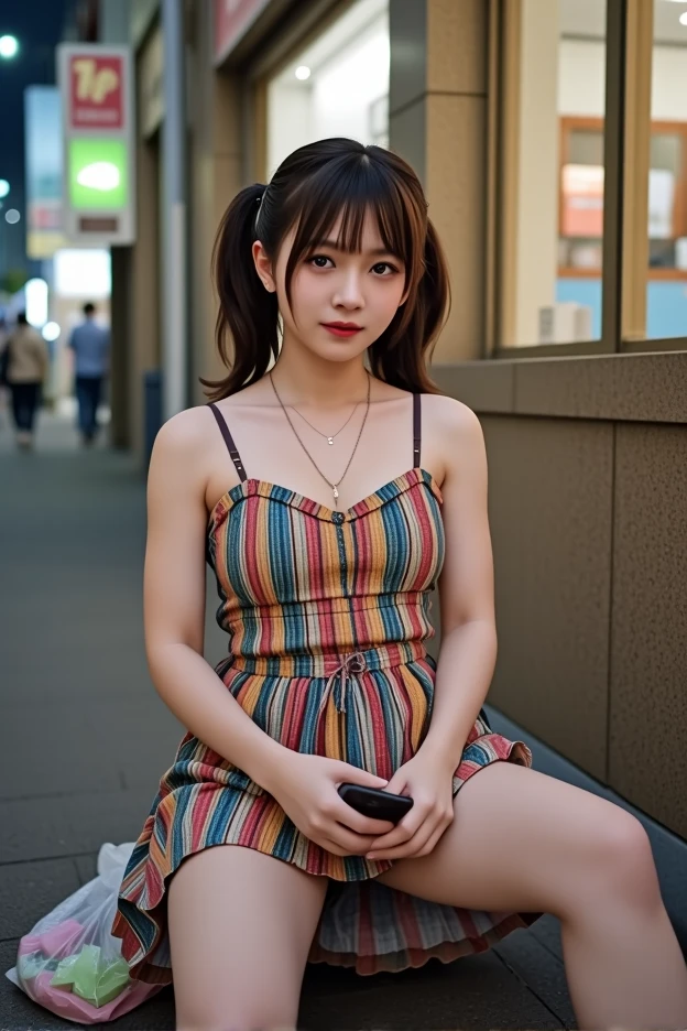 NSFW,
photography, film, depth of field, realistic skin texture, realistic photo, taken with smartphone, documentary,
pigtails, bangs,
(one girl, junior idol, teenage girl, Japanese girl, runaway girl),
messy hair, cute face, looking at camera, full body,
she is wearing necklace, (stained camisole, stained super mini skirt), friendship bracelet, anklet, but no panties, no underwear,
she is wearing colorful camisole top with thin shoulder straps,
she is wearing colorful super mini pleated skirt,
her pussy is visible from the hem of the super mini pleated skirt,
her body is plump with not much of a waistline, big ass and thick thighs, giving an overall underdeveloped impression,
She has super big breasts as big as her head,
(Gigantic Bust: 1.6),
She is fat with big breasts,
She has thick legs,
She is still in her early teens but ran away from home and is making a living by prostituting herself,
She is sitting on the edge of the sidewalk with her legs stretched out,
She is playing with her smartphone,
She spreads her legs and shows her pussy to get the man's attention,
She looks up at me with the camera pointed at her,
She looks at the camera and smiles sadly as if to fawn,
She hasn't washed her body so her whole body is filthy, her clothes, skin and hair are dirty,
There is a plastic bag full of junk next to her,
This is a corner of Shinjuku's downtown, (night, downtown at night), town, city, downtown,
Various types of garbage are scattered on the street, condoms, (used condoms),