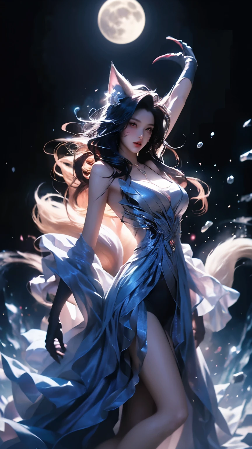 masterpiece, is the best quality, a girl , dancing， Fox Tail，(((whole body))),masterpiece, is the best quality, 1 Girl, whole body,Slim waist，barefoot， long legs，floating,  starry sky , moon, FOG,  and transcend ，（whole body）mystery，fear，woman，Weird， Ancient Chinese mythology ，Fantasy elements， valley，Mist，Bones堆积，  pale skin ，Transparent texture， skeletal outline ，  deep eyesight ，Cunning ，wisdom，White长袍，Fluttering hem， flowing and detached ， long pale blue hair， drift with the wind ， Hairpin，necklace。 Bones， dancing姿态，moonlight， cool tones，White、grey， blue， cool and quiet ， wind sound ， eye charm ， skeletal structure looming ，mystery感，Delicate Robe ，indifferent。  high resolution，细节，大师masterpiece，32K， Cinematic Texture 
