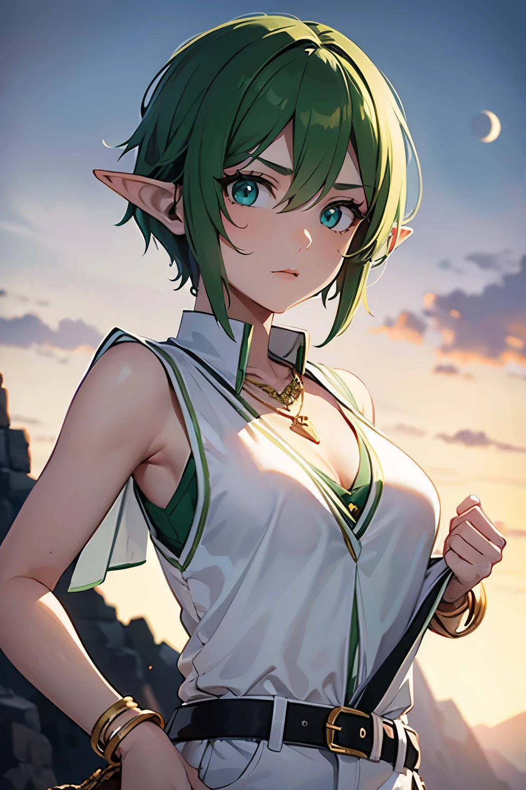 adult elf woman with green short waved hair and green eyes,very flat breast, small flat breast),(( wears a white top and long vest without sleeves that covers skin)), wears golden necklace with green pendant, brown pants, nature in night in background, icy blue full moon in background,  vest clothes, great face expression, strong indipendant pose, strong face expression, belt for a blade on wrist