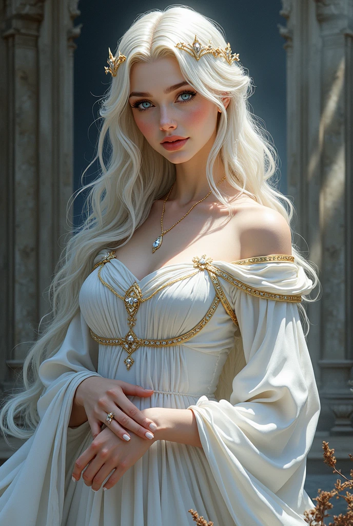 White Blonde hair, fluffy hair, stylish hair, long hair, lilac eyes, perfect eyes, beautiful, perfect face, tween, dainty , short, kind, curvy, a flowing pale airy gown with ruffles along the bottom with tiny pink flowers and gold dragon embroideries with flowers, Her tiara had a pretty teal gemstones, silver necklace, noble class, royal, royalty, red castle, feasting hall, medieval, elegant surroundings, soft dewy makeup look, light peach blush, soft tan eyeshadow, light coral lipstick, cutesy, girlish, girly, guileless, ingénue, princess , whimsical lighting, Targaryen, dragons in the sky, photorealistic