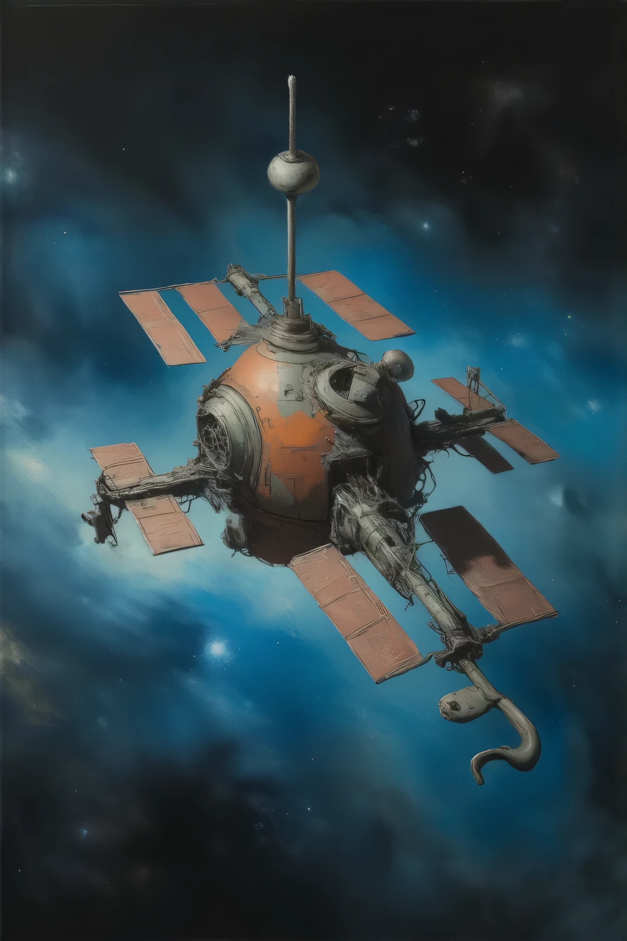 Akira Toriyama style of painting, manga, Japanese anime, A toy space station like the one from Dr. Slump Arare-chan, (tin toy space station:1.3), (wind-up toy, A handle is attached to wind the mainspring:1.3), (floating in space:1.4), an old and rusty space station, a space station that emits a strange light, a planet that emits a complex light, a nebula that emits a complex light that can be seen in the distance,