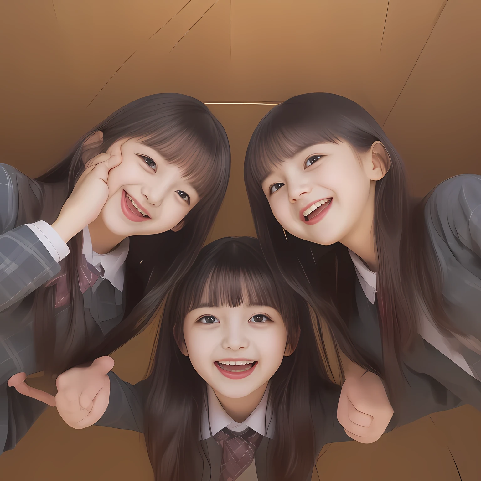 (Highest quality, masterpiece:1.2), Highest quality, High resolution, 1080P, 8k, clearly detailed, (Noble super-pretty shining-long-hair super-beautiful super-bewitching super-cute expensive school-uniform pretty slender 14yo-fashion-model of most-beautiful-school-uniform-girl-models photo-magazine in Japan, too beautiful aristocratic daughter laughing at the viewer, in supreme bliss, accepts the viewer's every desire: 2.0), (The viewer is lying and looking up her, She is looking down the viewer from the direct-above, she is pressing the viewer with her legs: 1.5), (long bottom eye-slashes, long top eye-slashes), (very bewitching beautiful full-open lips: 1.4), (neat gorgeous school uniform of private high school in Japan. navy-school-blazer with gold-emblem, super-neat navy-blue-lined-tartan-checkered light-blue-pleats-school-skirt, super-girly plain-red ribbon on the breast: 1.5), (bewitching expression, smile, lips, and pose to corrupt the viewer, everything is planned and prepared to corrupt the viewer into the allusion of love towards the girl: 1.2), (clearly detailed foreground focusing on girl's beauty and cuteness, gorgeous blue girly bed background of full-of-girls girly-heaven: 1.2), (extending her arms to the viewer like requesting hugging, calling out the name of the viewer loudly), (navy checkered school skirt), (full body shot), (several golden heart cute accessories), (Three girls are bending down and looking down from both side, take a shot closing up from (((below their faces))): 1.8)