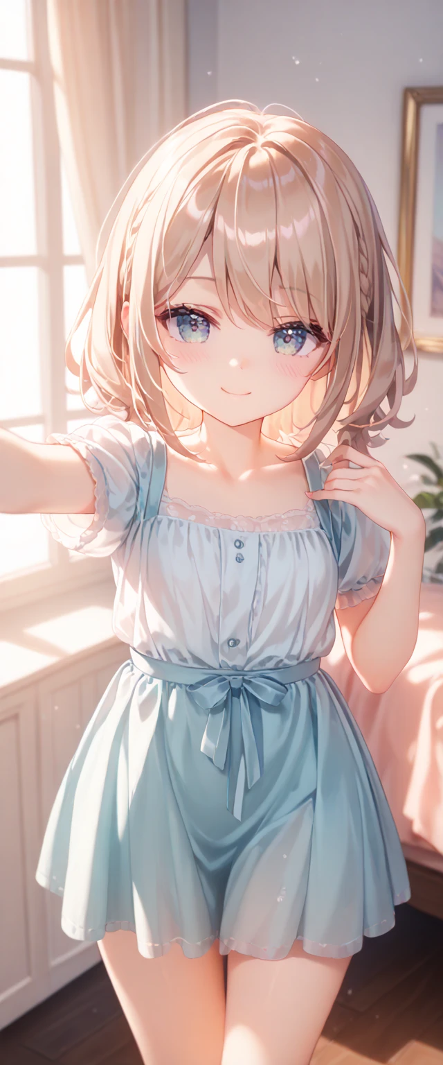 Cute_Facial_Expressions, Delicate_Facial_Features, Soft_Gaze, Smooth_Skin, Youthful_Appearance, Flowing_Hair, Subtle_Sensuality, Perfect_Proportions, Balanced_Anatomy, Warm_Color_Palette, Soft_Lighting, Pastel_Colors, Ultra_Detailed, Best_Quality, Sharp_Focus, Dreamy_Atmosphere, Graceful_Pose, Delicate_Hand_Positioning, Soft_Shading, Enjoyable_Expression, Cat_Ears_Imitation, Vitality, Visible_Collarbone, Room_Environment, Selfie_Pose, World’s_Cutest_Smile, Soft_Image_Processing, Slightly_Curled_Soft_Hair, Brown_Hair, Energetic_Clothing

