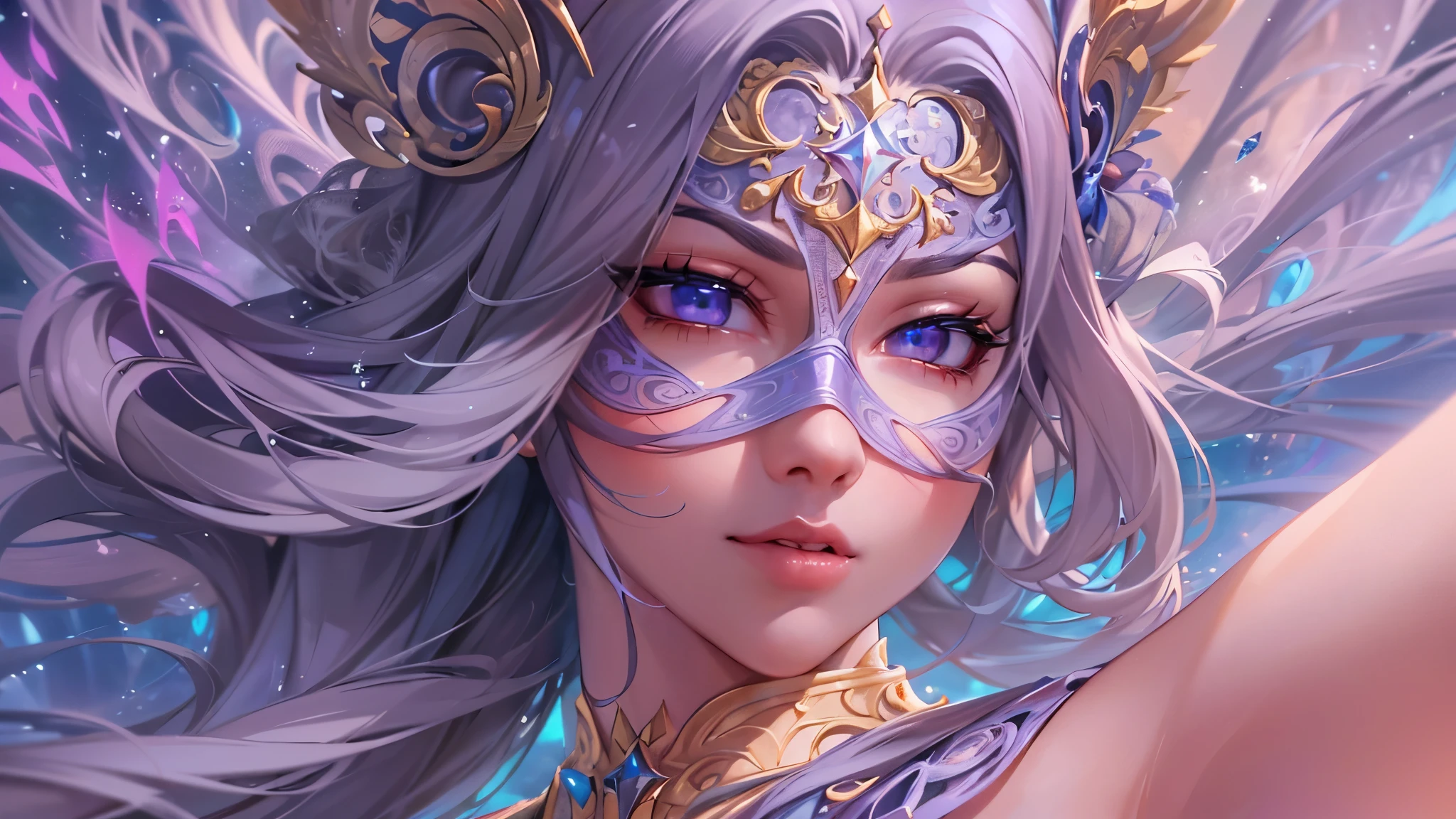 ( high quality , ultra detailed, be careful with your hand )Zodiac - goddess Sagittarius , similar to latin goodness . optimistic, impartial, fun and intellectual face . Reckless, cold heart, impatient, overconfident style . dark blue eyes (eye detail) , deep blue hair with bling bling , Transparent dress , in the ocean with stars , whole body , fire makeup , god chiron