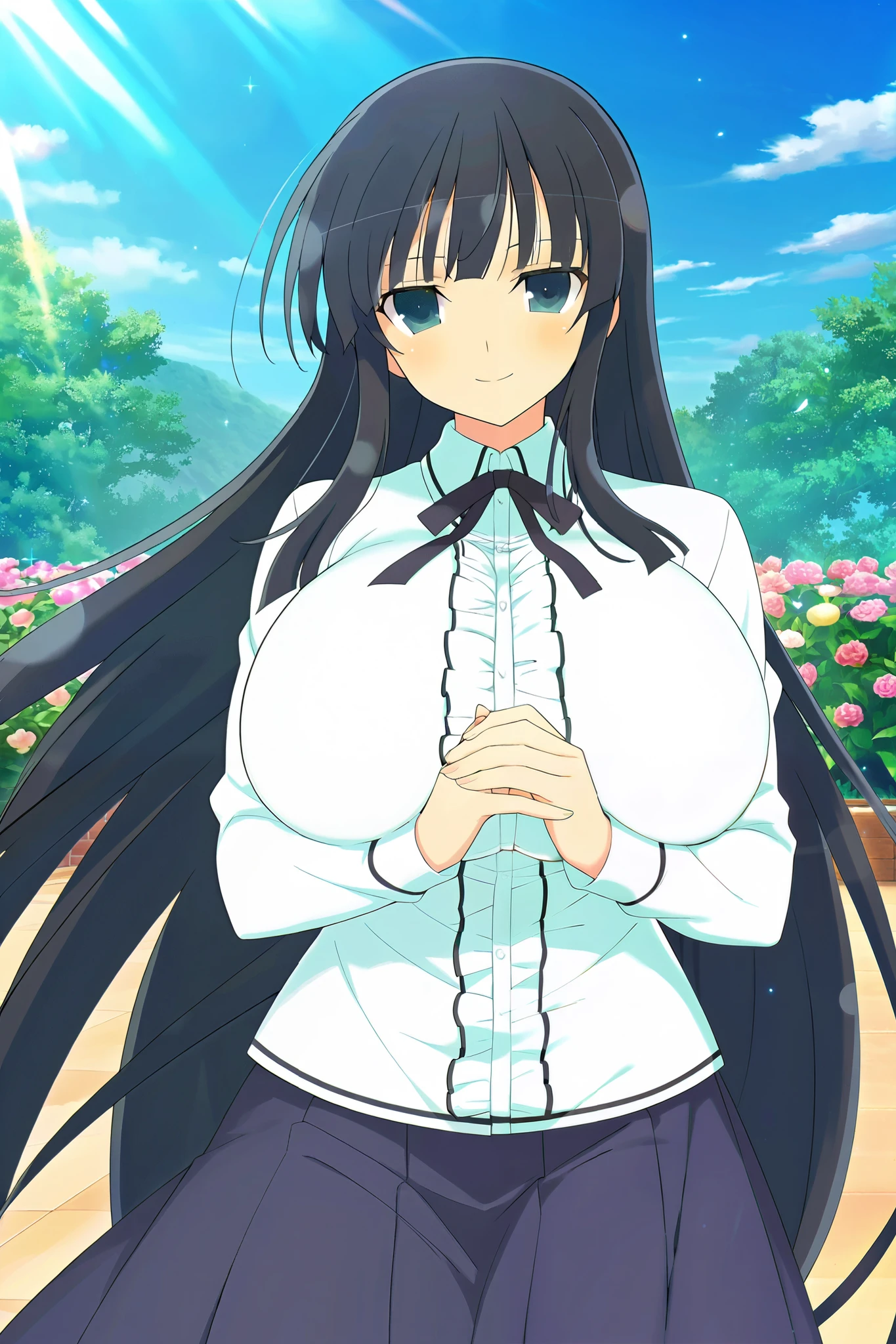 masterpiece, best quality, anime art style, Official Art, perfect eyes, detailed eyes, perfect face, perfect hair, detailed hair, shiny hair, beautiful character design, 1 girl, alone, Ikaruga (Senran Kagura), black hair, hime cut, blue eyes, black pupils, happy, sweet smile, standing, holding both hands to viewer, looking at viewer, slim body, cowboy shot, gigantic breasts, long sleeves, white collared shirt, center frills, pleated blue skirt, long skirt, outdoors, garden, under the sunlight. wind blowing