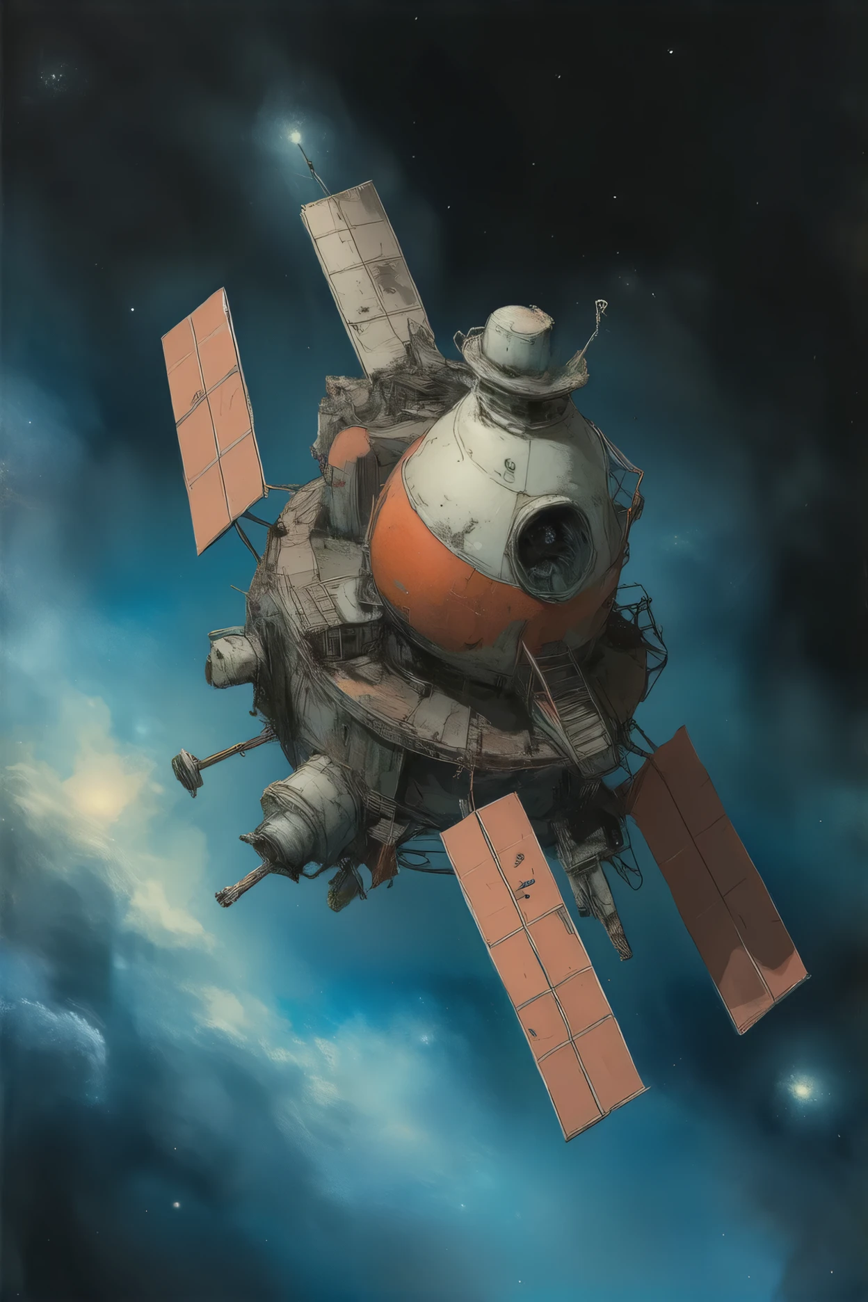 Akira Toriyama style of painting, manga, Japanese anime, A toy space station like the one from Dr. Slump Arare-chan, (tin toy space station:1.3), (wind-up toy,mainspring key is attached:1.3), (floating in space:1.4), an old and rusty space station, a space station that emits a strange light, a planet that emits a complex light, a nebula that emits a complex light that can be seen in the distance,