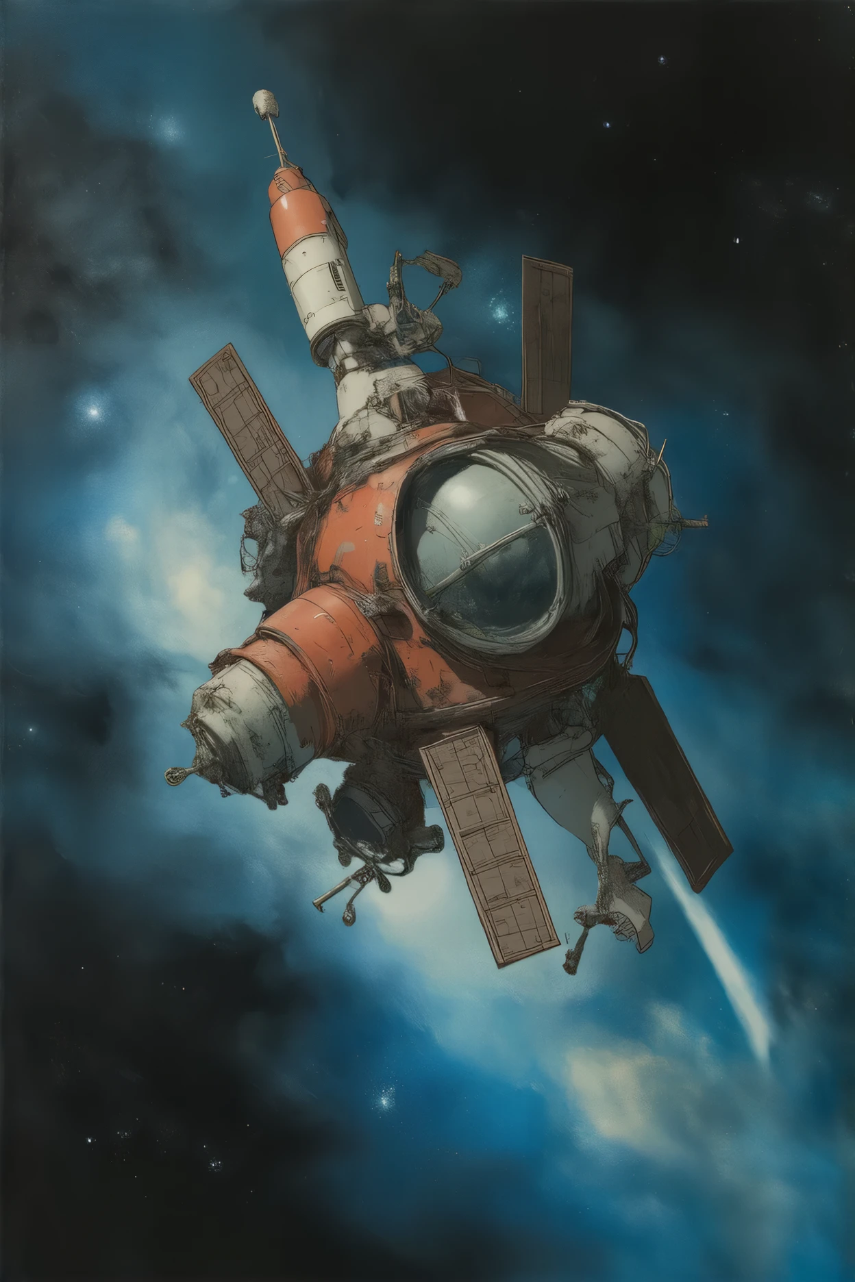 Akira Toriyama style of painting, manga, Japanese anime, A toy space station like the one from Dr. Slump Arare-chan, (tin toy space station:1.3), (A handle is attached to wind the mainspring:1.3), (floating in space:1.4), an old and rusty space station, a space station that emits a strange light, a planet that emits a complex light, a nebula that emits a complex light that can be seen in the distance,