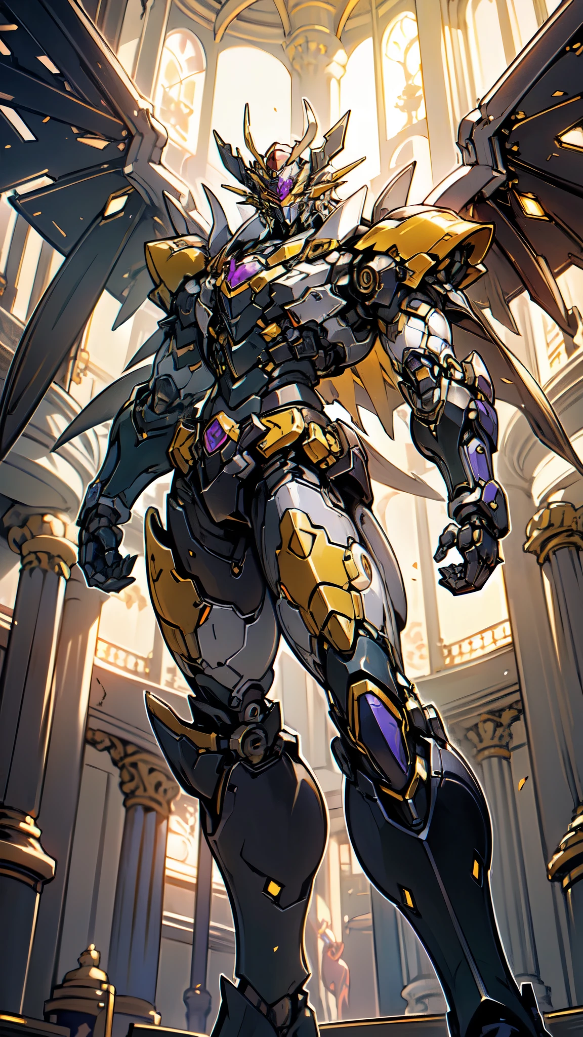 (masterpiece:1.5, best quality:1.5, extremely delicate:1.5), ((male:1.5)), a man wearing a full-face helmet, high-tech biomimetic armored combat suit, (a composite layered chest armor), heavy mechanical design, fully enclosed shoulder guards, matching arm and leg guards, a belt of gemstone, (the color scheme is primarily Yellow with Red and Purple accents, Organic Biotech, Concept Inspired by Super robot, glowing eyes, armor glows, devil wings), stand of a futuristic sci-fi city, this character embodies a finely crafted fantasy-style armored hero in anime style, exquisite and mature art style, metallic, high definition, highres, ultra-detailed, ultra-fine painting, professional, perfect body proportions, golden ratio, anatomically correct, symmetrical face, extremely detailed eyes and face, high quality eyes, creativity, RAW photo, UHD, 32k, Natural light, cinematic lighting, (masterpiece-anatomy-perfect:1.2)