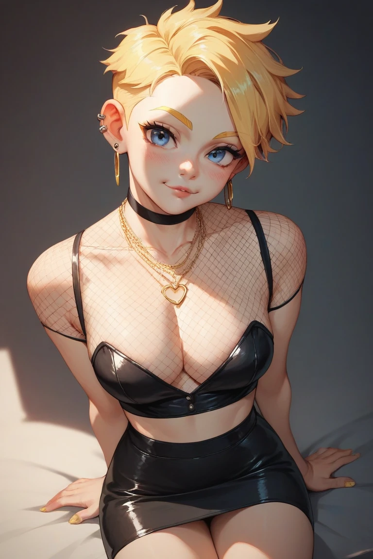 Yellow straight hair ,  dark blue eyes ,  black fishnet clothes , joke necklace ,Ear piercing,Big chest, black short skirt ,Yellow eyebrows , Youth,  white skin,  cheeks with light red blush