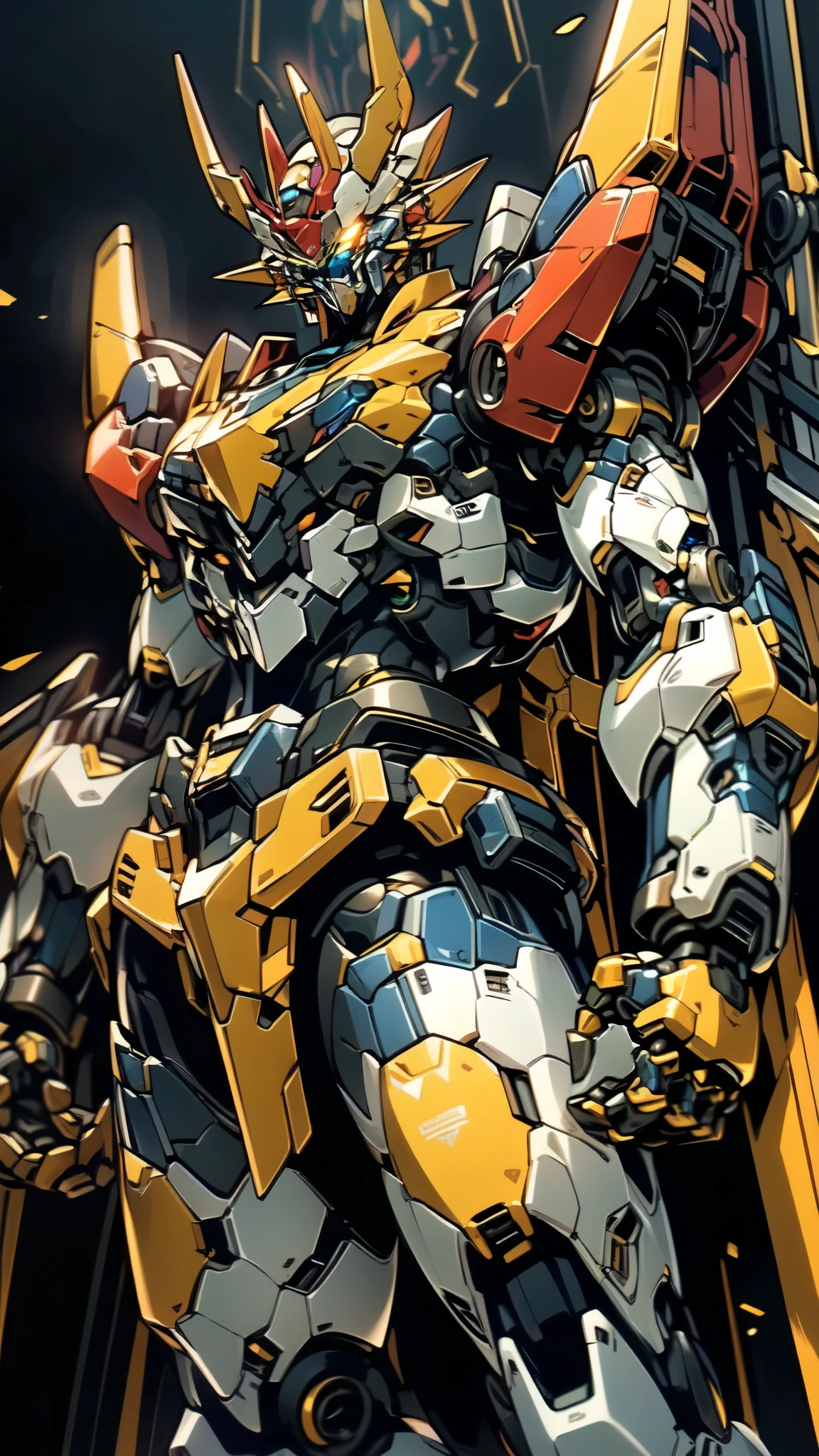 (masterpiece:1.5, best quality:1.5, extremely delicate:1.5), ((male:1.5)), a man wearing a full-face helmet, high-tech biomimetic armored combat suit, (a composite layered chest armor), heavy mechanical design, fully enclosed shoulder guards, matching arm and leg guards, a belt of gemstone, (the color scheme is primarily Yellow with Red and Purple accents, Organic Biotech, Concept Inspired by Super robot, glowing eyes, armor glows, devil wings), stand of a futuristic sci-fi city, this character embodies a finely crafted fantasy-style armored hero in anime style, exquisite and mature art style, metallic, high definition, highres, ultra-detailed, ultra-fine painting, professional, perfect body proportions, golden ratio, anatomically correct, symmetrical face, extremely detailed eyes and face, high quality eyes, creativity, RAW photo, UHD, 32k, Natural light, cinematic lighting, (masterpiece-anatomy-perfect:1.2)