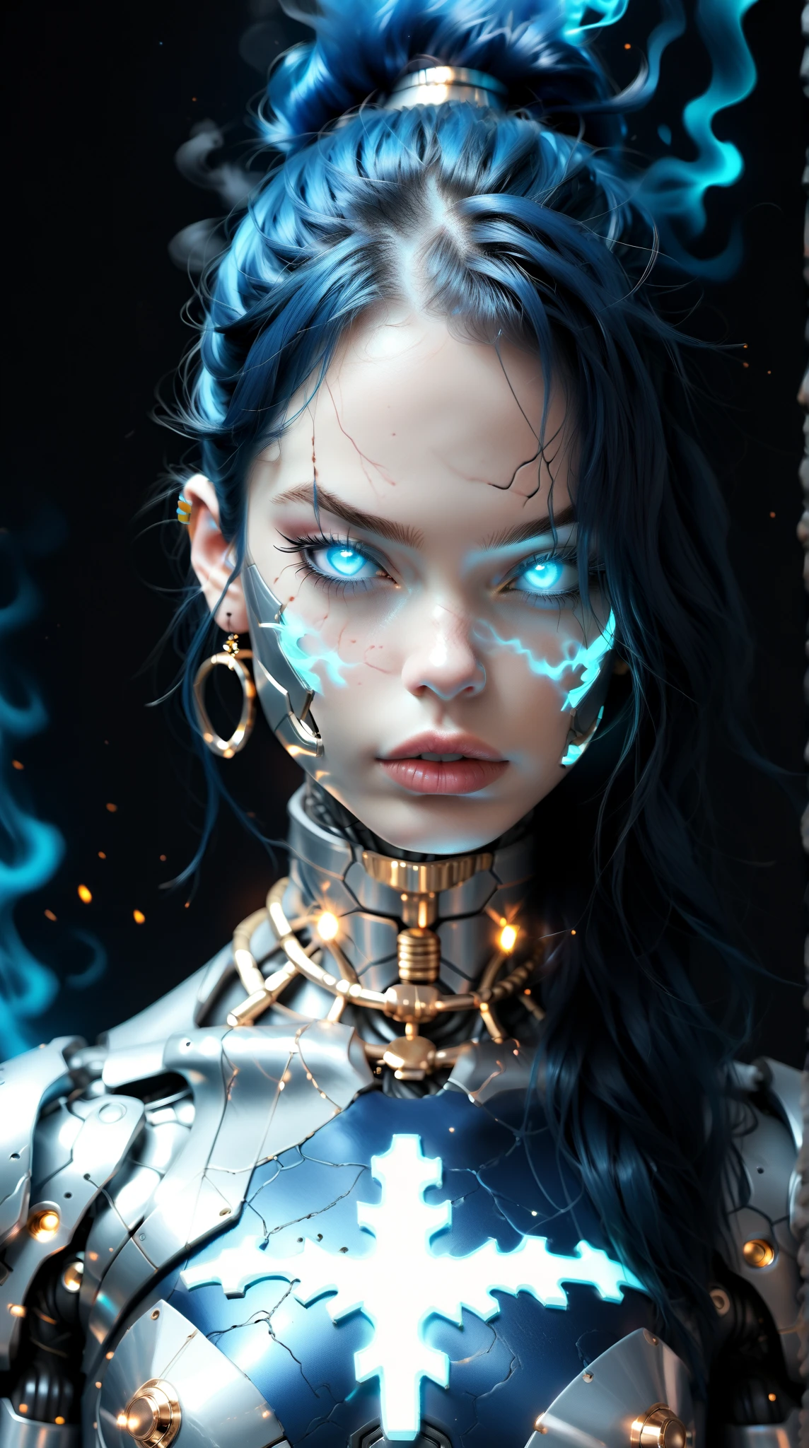 score_9, score_8_up, score_7_up, (Three quarters Shot), (1 girl), (asian), beautiful teenage (skinny) muscular goth cyborg girl, (blue burning cyborg body:1.5), (black sclera:1.5), (blue glowing eyes:1.5), (blue glowing fire veins:1.5), (flat chest:1.25), (blue glowing fire hair:1.25), (beautiful face:1.25), (bodybuilder muscular physique:1.25), (skinny long legs:0.75), (intricate gold filigree:1.25), bimbo lips, blue fire, (blue burning cyborg arms:1.25), (blue burning cyborg legs:1.25), (blue burning cyborg torso:1.25), cyber punk style, super realistic image, beautiful digital paint , hyper Realistic illustrations, DonMC3l3st14l3xpl0r3rsXL, CyberRealistic_Negative_PONY-neg,CyberRealistic_Negative_PONY