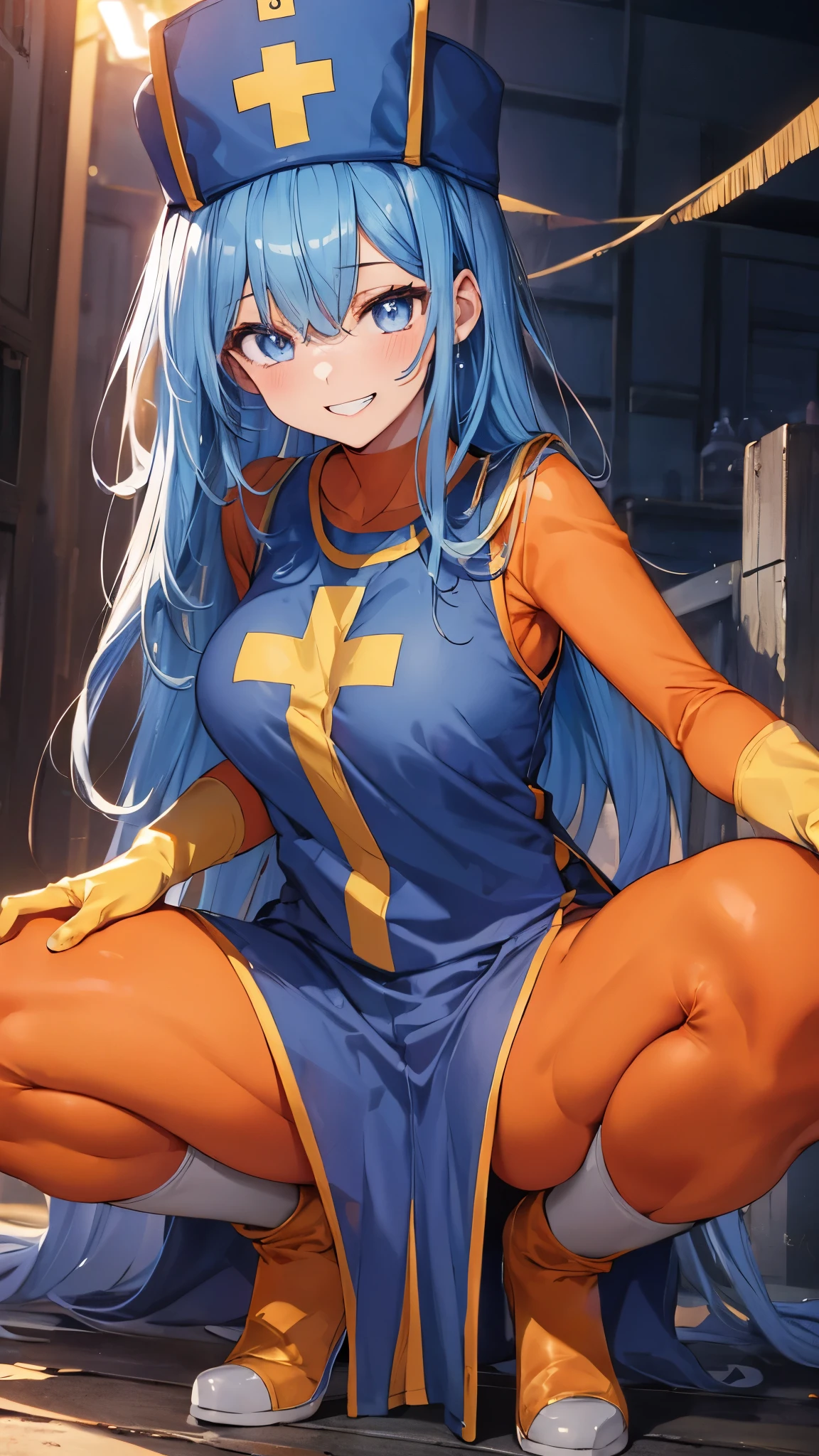 1girl,solo,priest \(dq3\),(orange bodysuit),Zentai,mitre,elbow gloves,(squatting,open legs),blue hair,long hair,large breasts,curvy,grin,cameltoe,masterpiece,Noise Reduction,perfect anatomy,high resolution, ultra-detailed, ultra-detailed face,game cg,dutch angle ,beautiful detailed eyes,visualart,five fingers, perfect hands, perfect lighting, sparkling pupils,