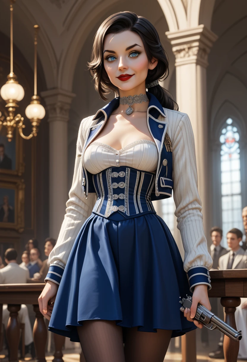 1woman, solo; Elizabeth Comstock from "Bioshock Infinite"; long loose hair gathered in a low ponytail, dark hair, pale skin, blue eyes, red lips, light smile, ultra-detailed face, detailed eyes; ribbed white corset with open top, tightly fitted blue bolero jacket, silver detailing on jacket, (cameo choker necklace), blue full a-line skirt, high slits in skirt, black detailing on skirt, (opaque pantyhose), {{calf-high black boots with low heels}}; wielding hand canon revolver, ((modeling poses)), late 19th century American architecture backdrop; 8k, 16k, high resolution, highres, Stable_Yogis_PDXL_Negatives 