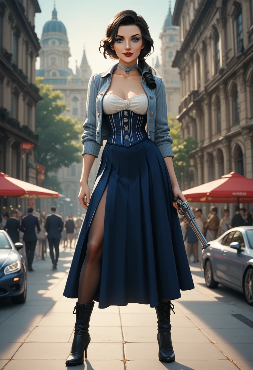 1woman, solo; Elizabeth Comstock from "Bioshock Infinite"; long loose hair gathered in a low ponytail, dark hair, pale skin, blue eyes, red lips, light smile, ultra-detailed face, detailed eyes; ribbed white corset with open top, tightly fitted blue bolero jacket, silver detailing on jacket, (cameo choker necklace), blue full a-line skirt, high slits in skirt, black detailing on skirt, (opaque pantyhose), {{calf-high black boots with low heels}}; wielding hand canon revolver, ((modeling poses)), late 19th century American architecture backdrop; 8k, 16k, high resolution, highres, Stable_Yogis_PDXL_Negatives 