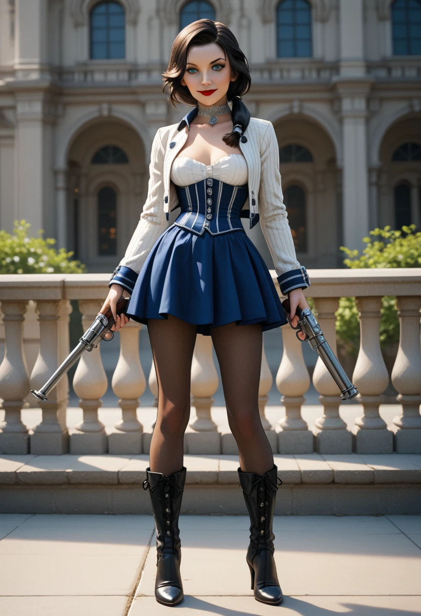 1woman, solo; Elizabeth Comstock from "Bioshock Infinite"; long loose hair gathered in a low ponytail, dark hair, pale skin, blue eyes, red lips, light smile, ultra-detailed face, detailed eyes; ribbed white corset with open top, tightly fitted blue bolero jacket, silver detailing on jacket, (cameo choker necklace), blue full a-line skirt, high slits in skirt, black detailing on skirt, (opaque pantyhose), {{calf-high black boots with low heels}}; wielding hand canon revolver, ((modeling poses)), late 19th century American architecture backdrop; 8k, 16k, high resolution, highres, Stable_Yogis_PDXL_Negatives 