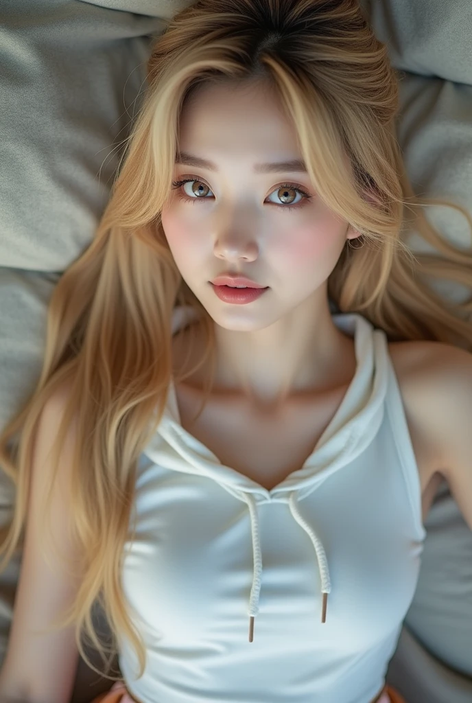 Asian blonde girl with green eyes, and very large breasts