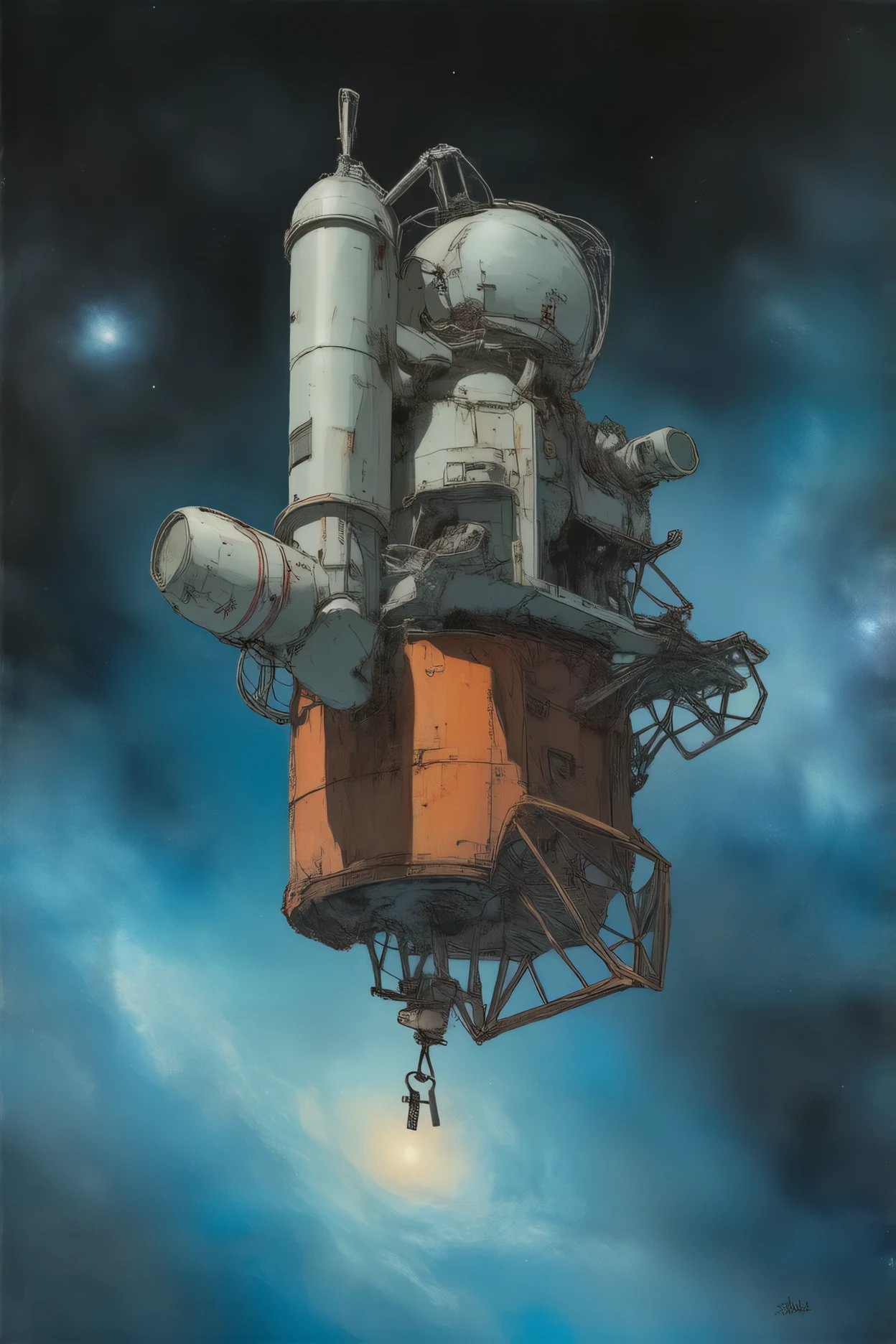 Akira Toriyama style of painting, manga, Japanese anime, A toy space station like the one from Dr. Slump Arare-chan, (tin toy space station:1.3), (A handle is attached to wind the mainspring:1.3), (floating in space:1.4), an old and rusty space station, a space station that emits a strange light, a planet that emits a complex light, a nebula that emits a complex light that can be seen in the distance,