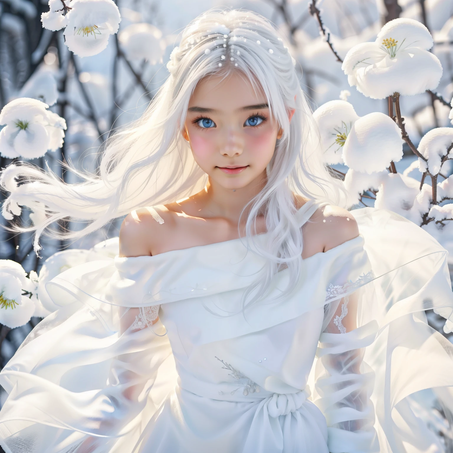 1girll,(Snow,Ice), snowflower, In winter, White hair, Shiny hair, Wavy hair, Transparent clothes, frilld, Lace, Wet clothes, Off_Shoulder, hair scrunchie,Masterpiece, Telephoto lens, absurderes, Exquisite facial features