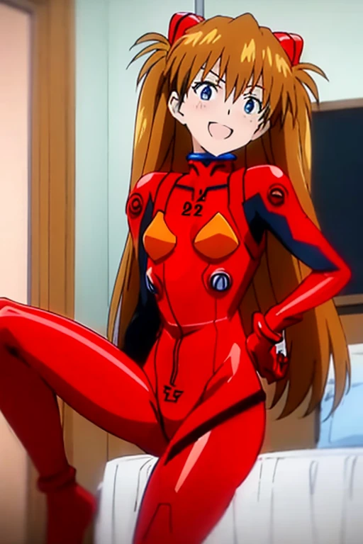 (( top quality)), ((masterpiece)), (be familiar with),  perfect face, indoor, bedroom,  watching viewers ,
One woman,  Soryu Asuka Langley,
 open mouth,  with an ecstatic expression , blush, smile,
 small tits,  flat chested, Young girl, Lori,  s,  girl,
 long hair,  twin tails,
Leg spread,