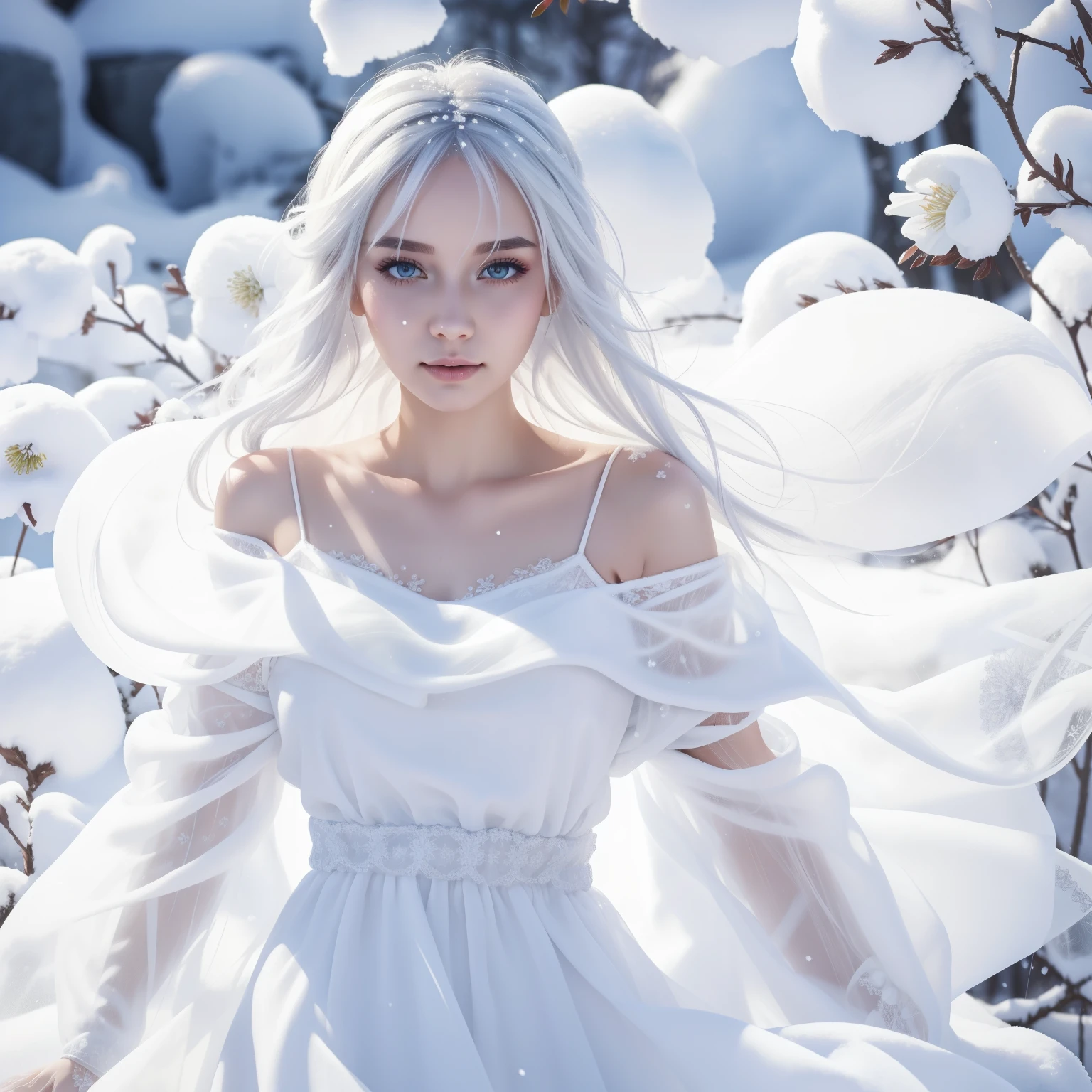 1girll,(Snow,Ice), snowflower, In winter, White hair, Shiny hair, Wavy hair, Transparent clothes, frilld, Lace, Wet clothes, Off_Shoulder, hair scrunchie,Masterpiece, Telephoto lens, absurderes, Exquisite facial features