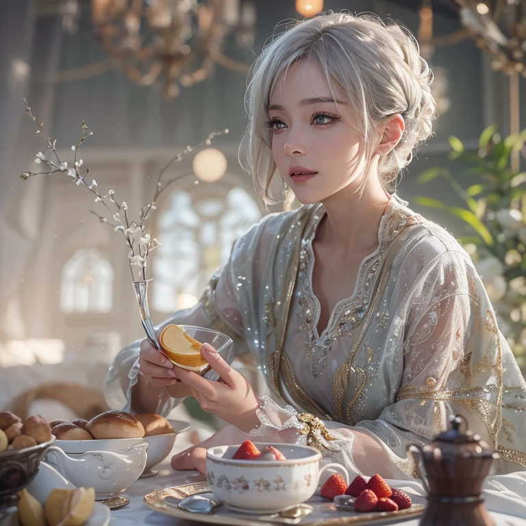 (masterpiece:1.3), (8k, Realistic, RAW Photos, Best image quality: 1.4), Fair-skinned fairy woman、short hair、Cleavage:2.0、Highly detailed face、Attention to detail、double eyelid、Sharp focus:1.2、Beautiful woman:1.4、Silvery white hair、highest quality、masterpiece、Ultra-high resolution、(Realistic:1.4)、Highly detailed and professionally lit smiles、Loose, Light,Japanese high 、 one person、whole body,　I eat breakfast 